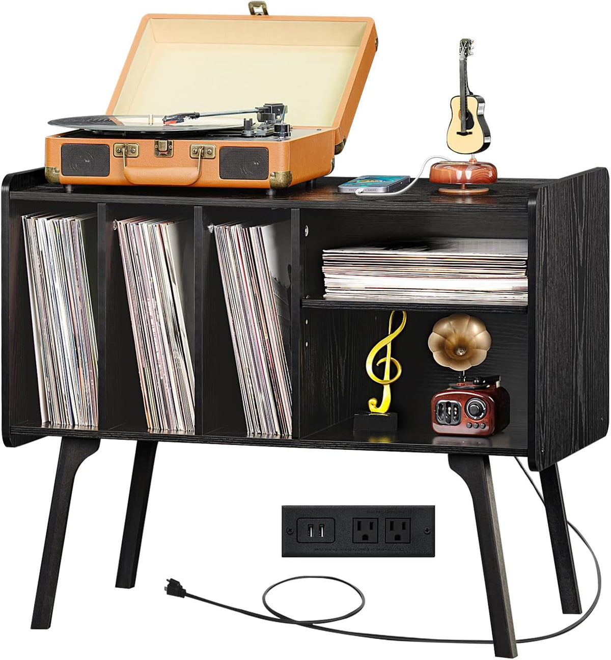 Lerliuo Record Player Stand with Charging Station Up to 220 Albums,Black