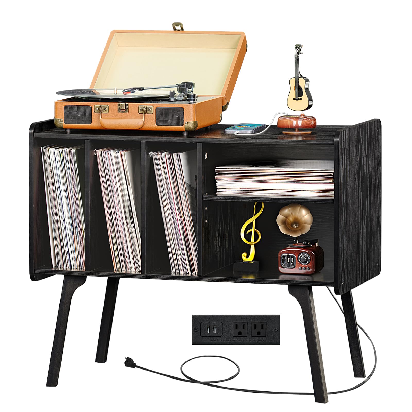 Lerliuo Record Player Stand with Charging Station Up to 220 Albums,Black