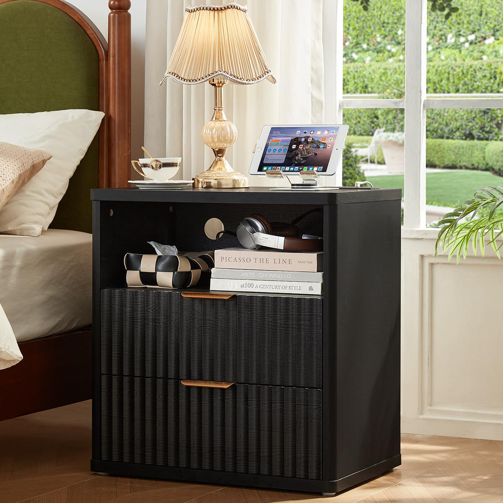 LEYAOYAO Fluted Dressers & Nightstand Set of 4, Wood 48" Wide Dresser & 42" Tall Chest of Drawers,Modern Bedroom Furniture Sets, Black Wooden Nightstand Set of 2 with 2 Drawers & Charging Station
