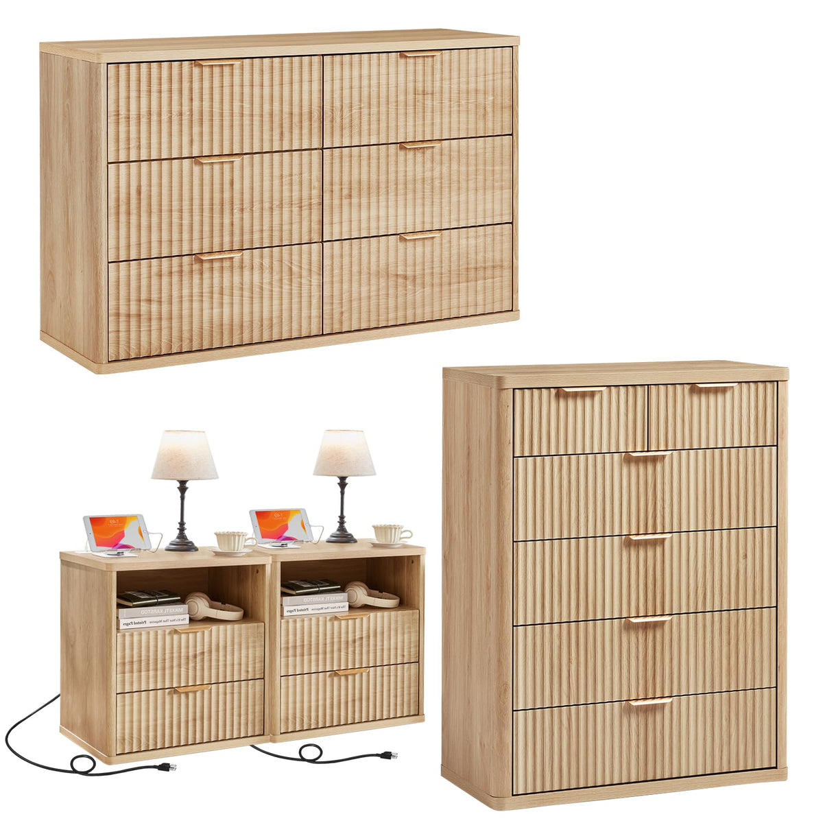 LEYAOYAO Fluted Dressers & Nightstand Set of 4, Wood 48" Wide Dresser & 42" Tall Chest of Drawers,Modern Bedroom Furniture Sets, Black Wooden Nightstand Set of 2 with 2 Drawers & Charging Station