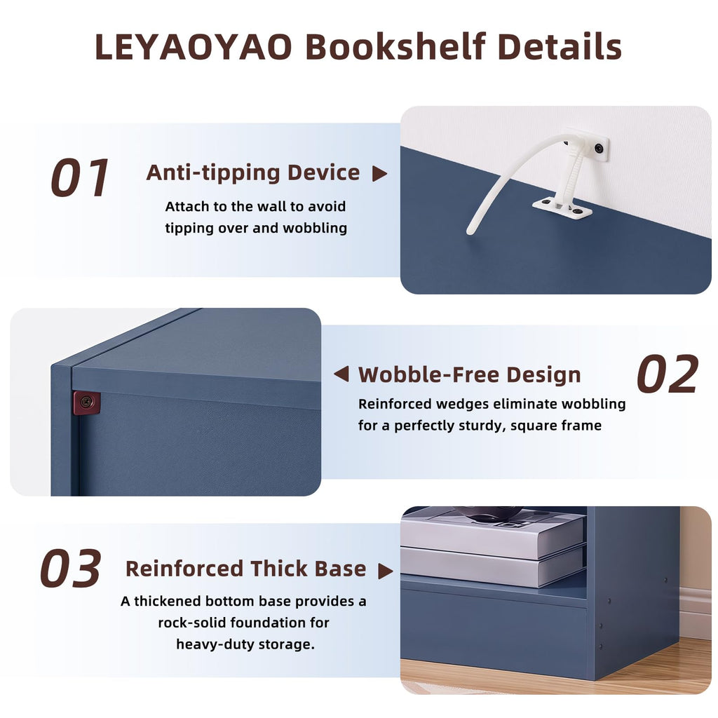 LEYAOYAO 7 Cube Bookshelf with Base,3 Tier Mid-Century Modern Blue Bookcase,Standing Wide Bookshelves Storage Organizer Shelf,Rustic Wood Display Cabinet Book Shelves for Bedroom,Living Room,Office