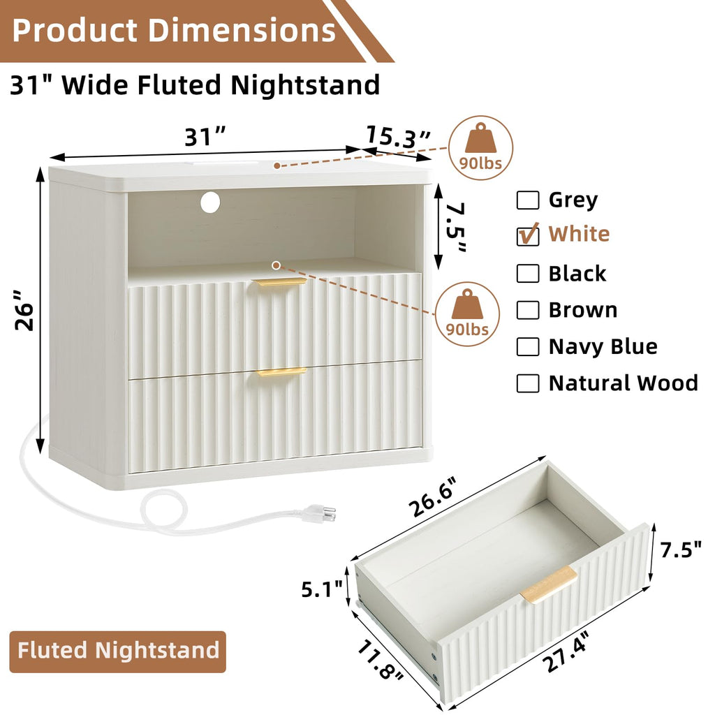 LEYAOYAO 31" Wide Fluted Nightstand with Charging Station, Oversized Extra Large 1 Drawer Night Stand with Golden Handle, Antique White Bedside Table Tall End Tables,for Bedroom, Living Room, Hallway