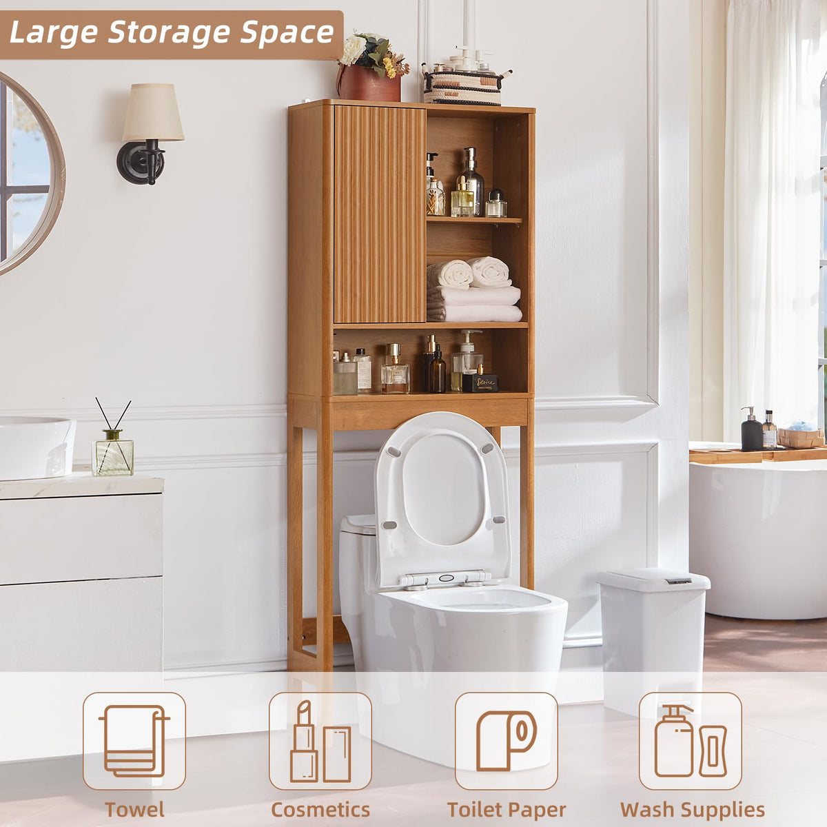 LEYAOYAO Fluted Over The Toilet Storage Cabinet & Bathroom Wall Cabinet Set of 2, Farmhouse Above Toilet Organizer, Medicine Cabinet w/Adjustable Shelf & Doors for Laundry Living Room Kitchen(Black)