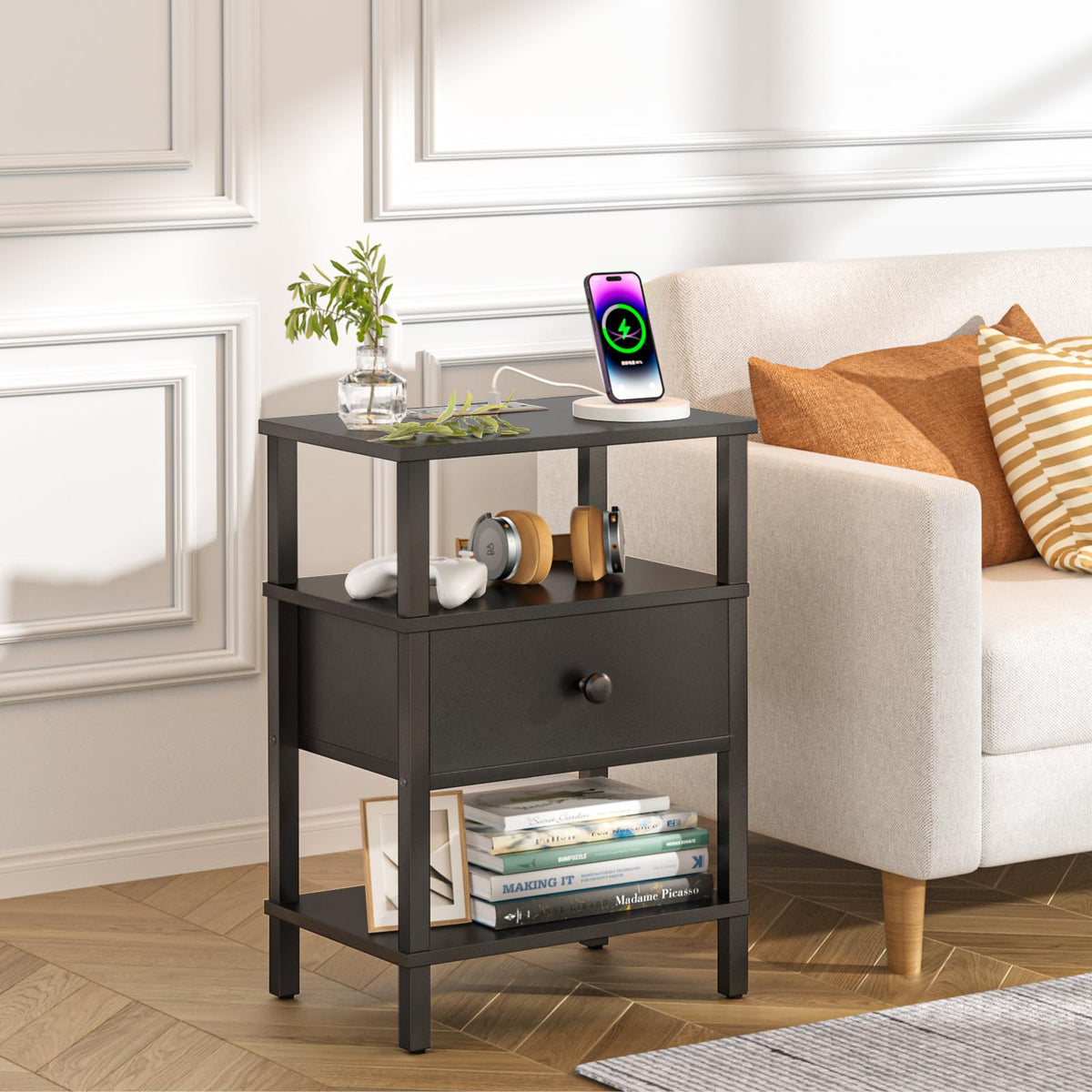 Lerliuo Nightstand Set 2 with Charger, 3 Tier Storage End Table