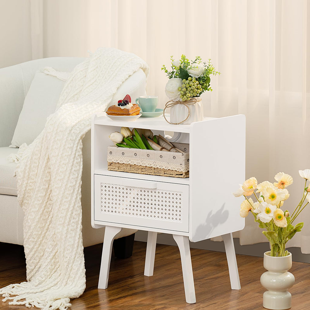 Lerliuo Rattan Nightstand with Charging Station, Boho Night Stand