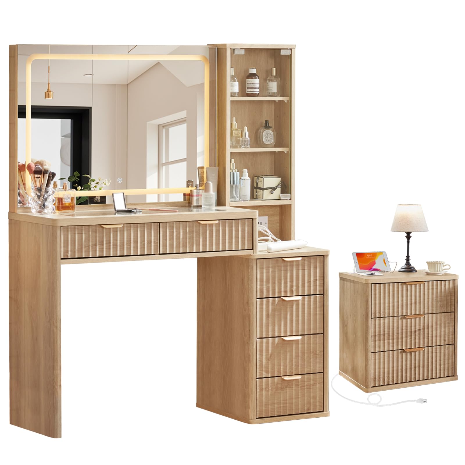 LEYAOYAO Vanity Mirror with Lights and Night Stand Sets, 43.5" Fluted Makeup Vanity with 6 Drawers and Power Outlet, 3 Drawers 23" End Side Table, Natural Wood Makeup Table Bedroom Furniture Set of 2
