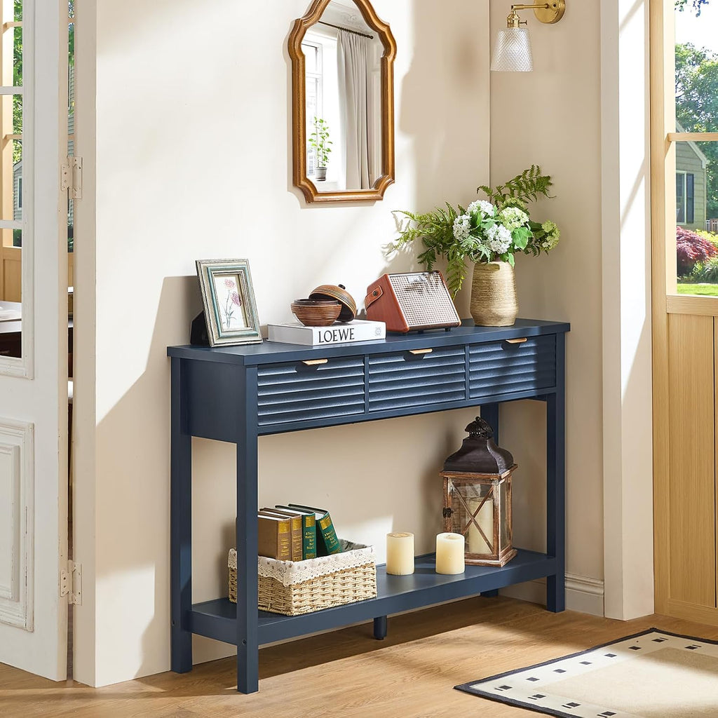 LEYAOYAO 47.2" Fluted Console Table with 3 Drawers, Blue Entryway Table