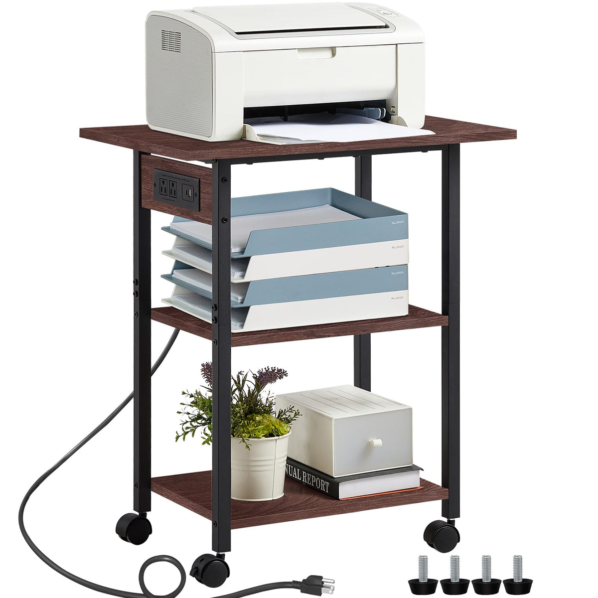 Lerliuo 3-Tier Printer Stand, Industrial Mobile Printer Table with Storage Shelf and Steel Frame, Rolling Printer Cart Holder with Lockable Wheels for Home, Office (White)