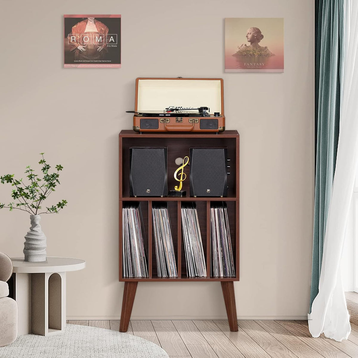 Lerliuo Record Player Stand, Walnut Turntable Stand Holds up to 160 Albums