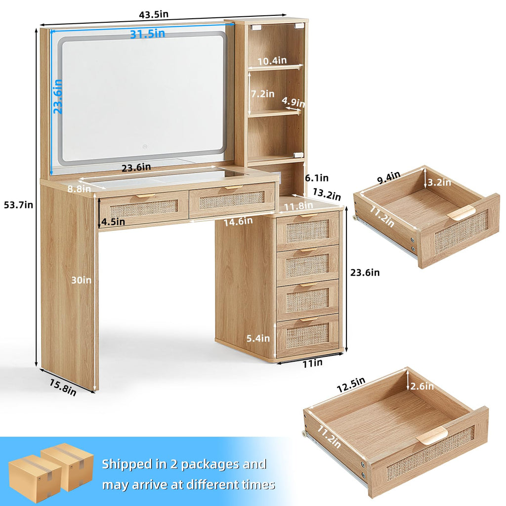 LEYAOYAO Rattan Makeup Vanity Desk with Stool, Mirror and Lights