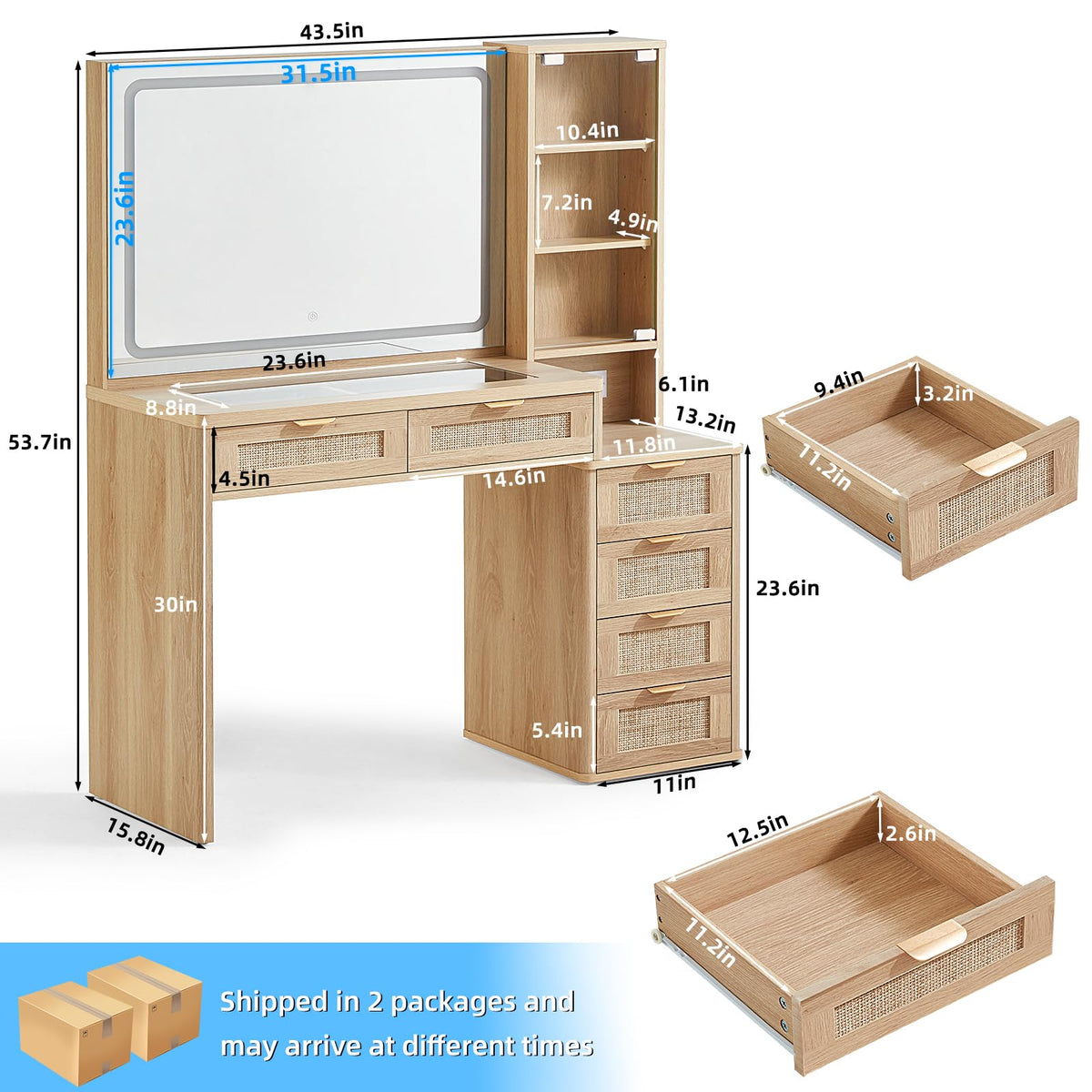 LEYAOYAO Rattan Makeup Vanity Desk with Stool, Mirror and Lights