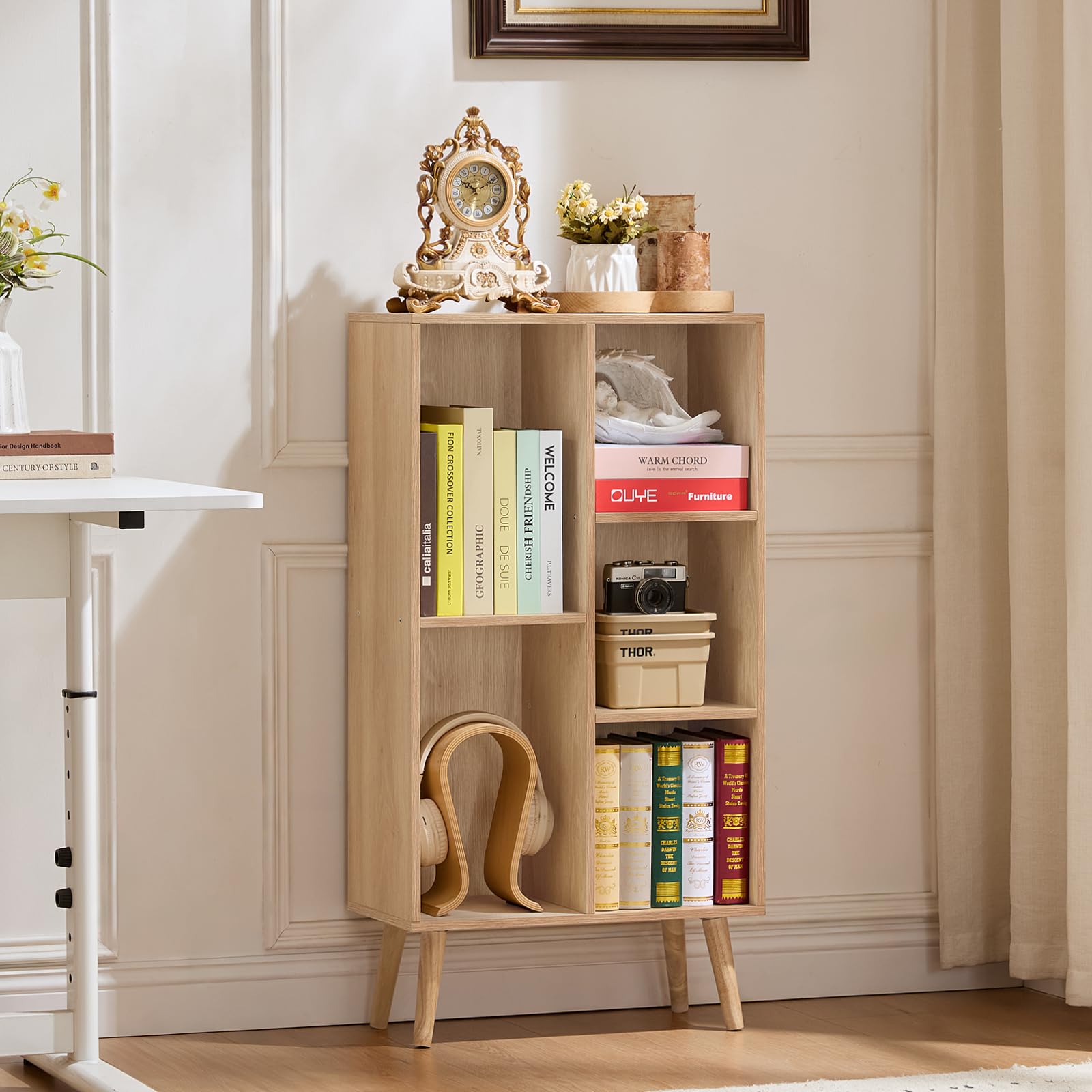 LEYAOYAO Cube Bookshelf, Mid-Century Modern Book Shelf with Legs, Brown