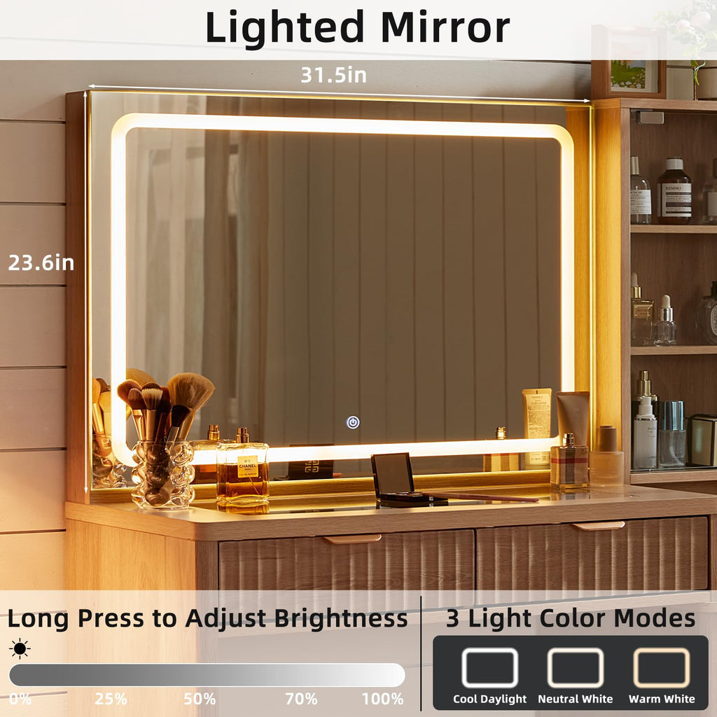 LEYAOYAO Vanity Mirror with Lights and Night Stand Sets, 43.5" Fluted Makeup Vanity with 6 Drawers and Power Outlet, 3 Drawers 23" End Side Table, Natural Wood Makeup Table Bedroom Furniture Set of 2