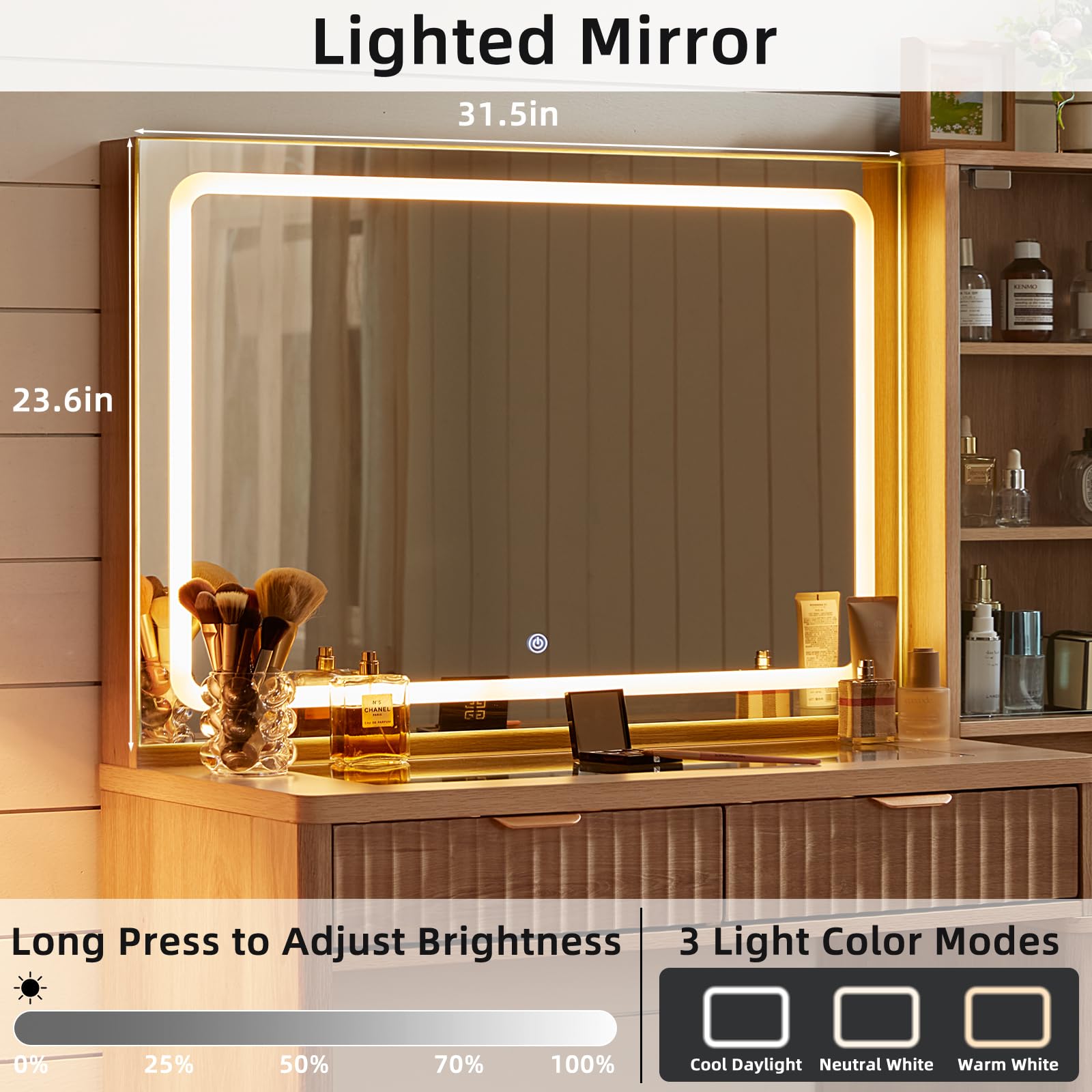LEYAOYAO Vanity Mirror with Lights and Night Stand Sets, 43.5" Fluted Makeup Vanity with 6 Drawers and Power Outlet, 3 Drawers 23" End Side Table, Natural Wood Makeup Table Bedroom Furniture Set of 2
