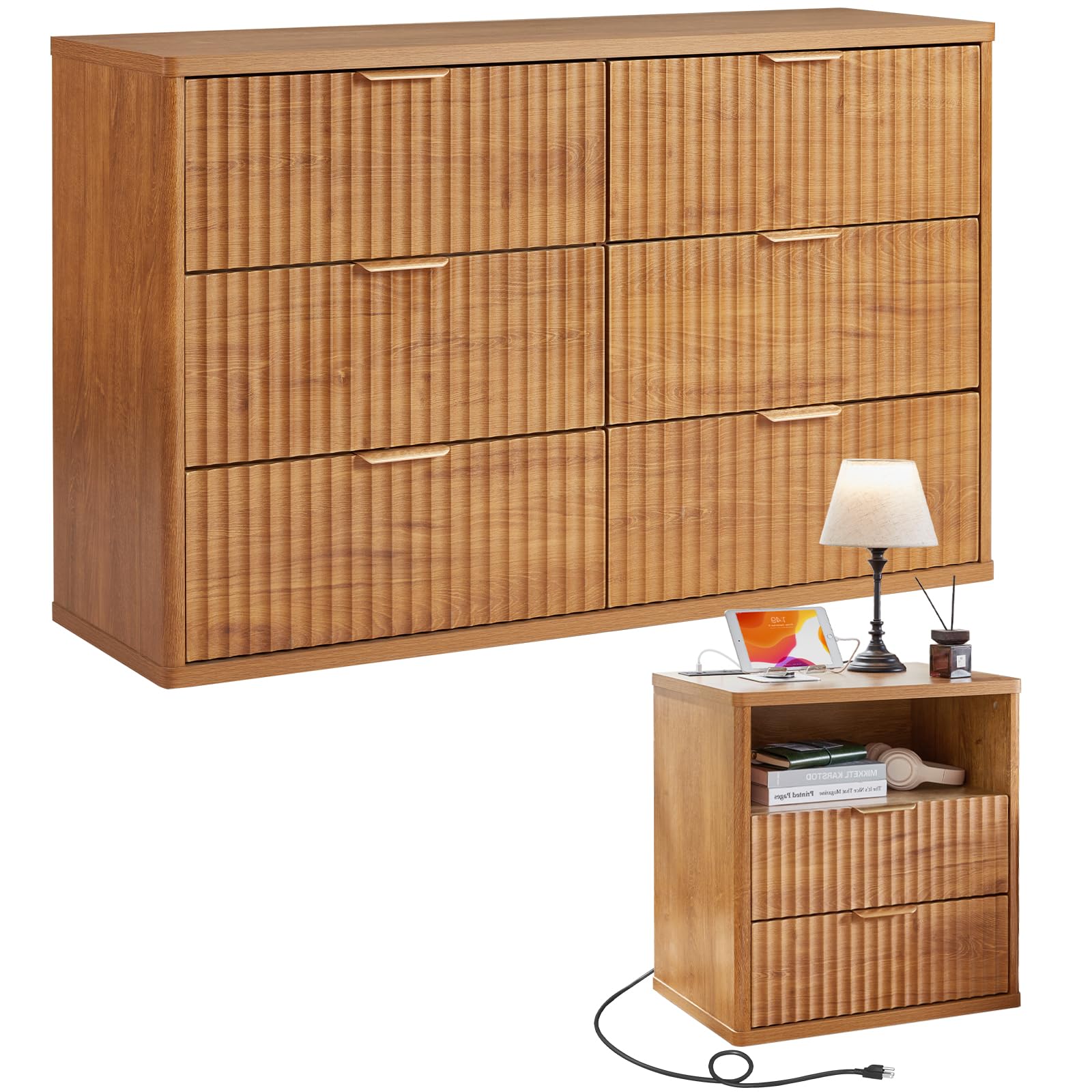 LEYAOYAO Fluted Dresser and 2 Drawers Nightstand Set of 2, Wood 48" Wide Dresser & 23" Night Stand with Charging Station, 3 Piece Bedroom Furniture Set, Chest of Drawers for Living Room,Antique White