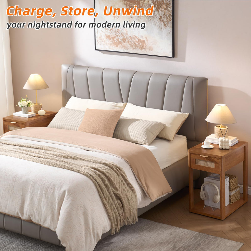 LEYAOYAO Narrow Side Table with Charging Station, Rattan 24 x 14''