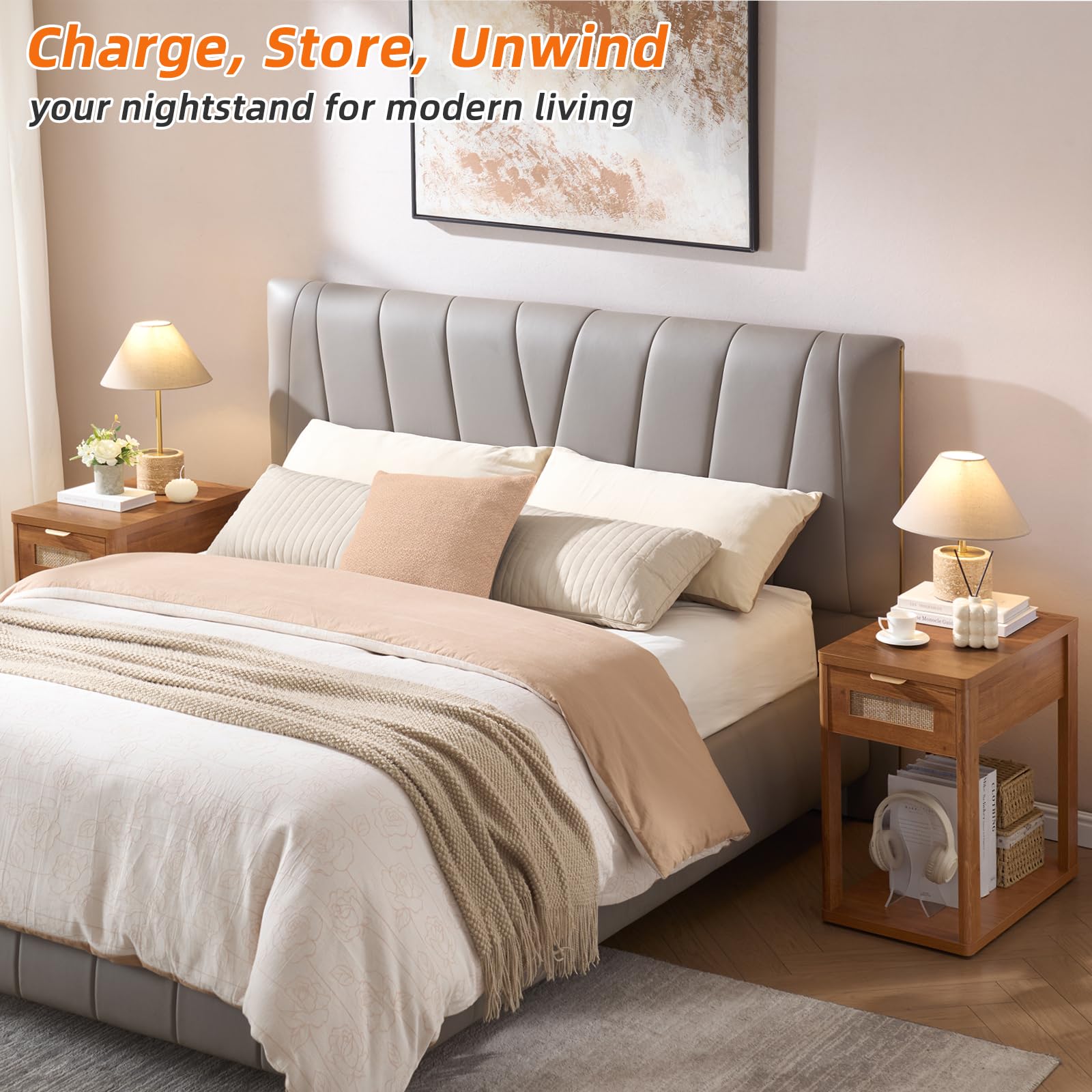 LEYAOYAO Narrow Side Table with Charging Station, Rattan 24 x 14''