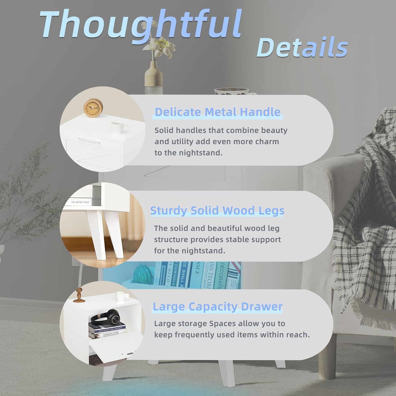 Lerliuo Nightstand with Charging Station and Led Lights,Modern Beside Table with Drawer and Open Storage Shelf,Night Stand with USB Ports and Outlets,White Wood Side Table for Bedroom