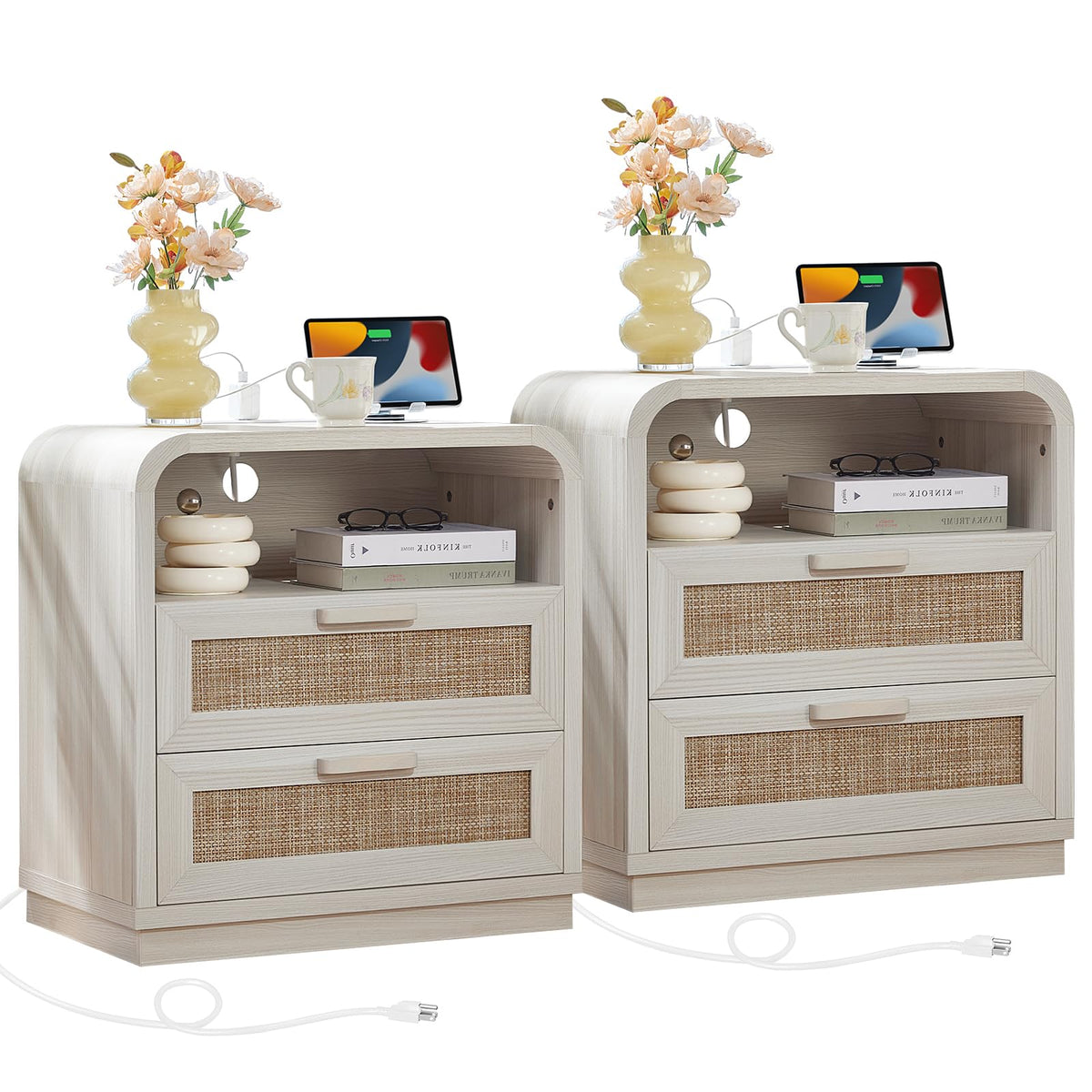 LEYAOYAO Rattan Nightstands Set of 2 with Charging Station, Natural