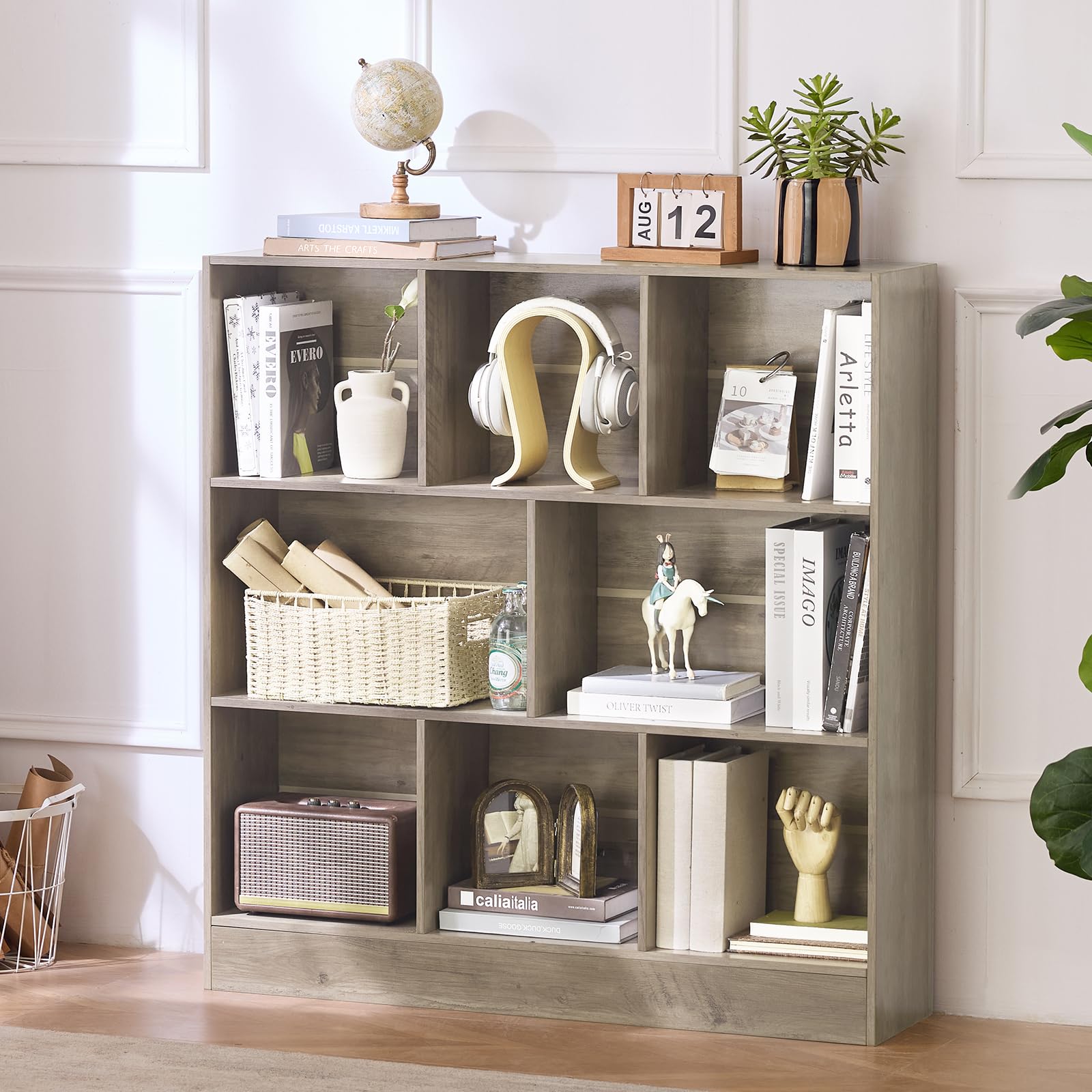 LEYAOYAO 7 Cube Bookshelf with Base,3 Tier Mid-Century Modern Blue Bookcase,Standing Wide Bookshelves Storage Organizer Shelf,Rustic Wood Display Cabinet Book Shelves for Bedroom,Living Room,Office