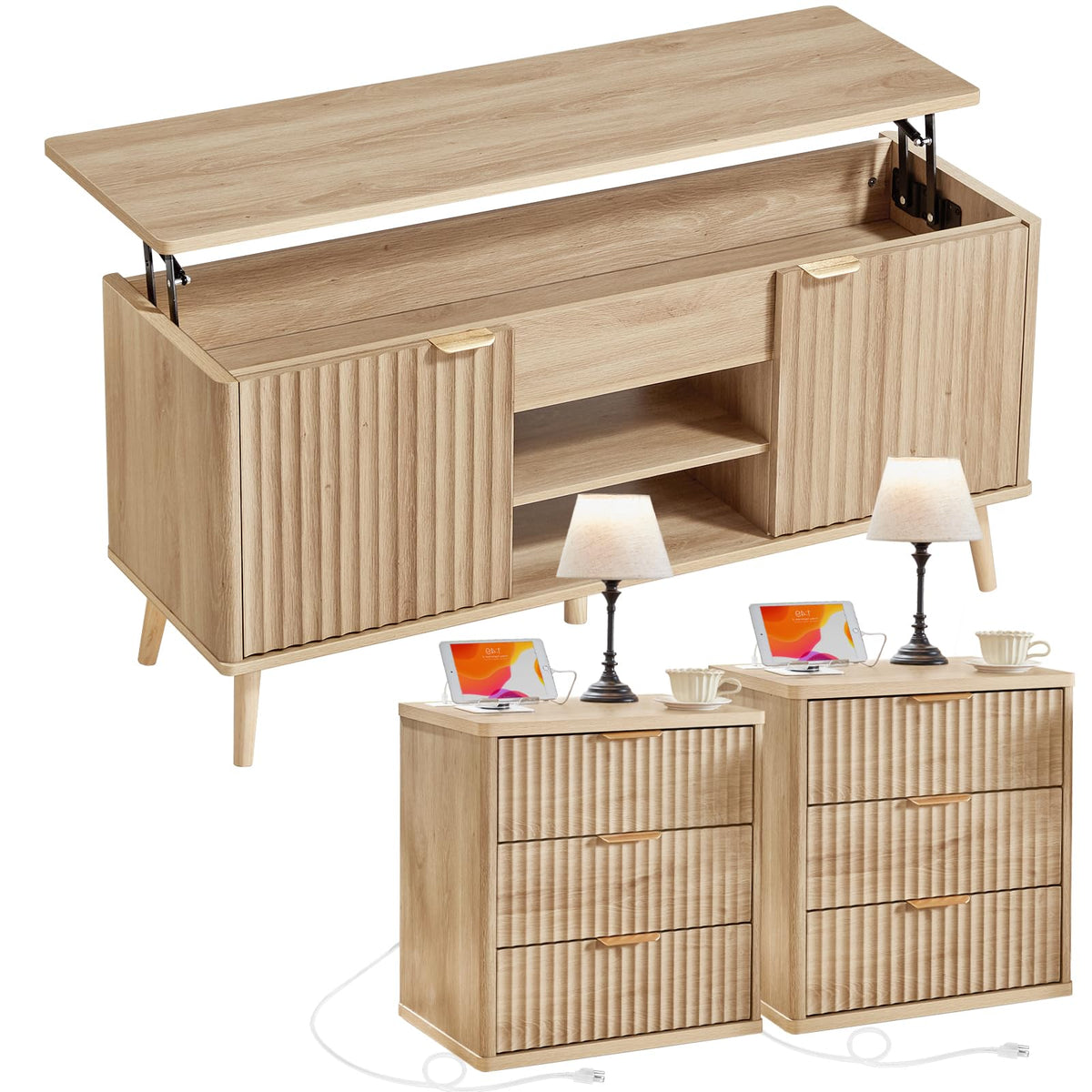LEYAOYAO Fluted Lift Top Coffee Table and Nightstand Set,Wood 48" Wide Center Tables & 23" Night Stand with 3 Drawers,Farmhouse Living Room Suites for Bedroom Home Living Room Hallway,Blue