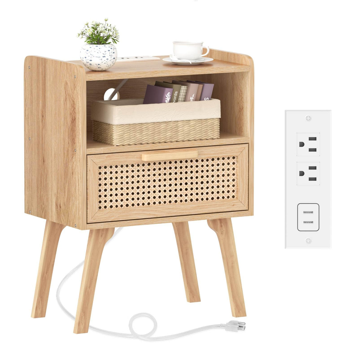 Lerliuo Rattan Nightstand, Boho Side Table with Drawer Open Shelf
