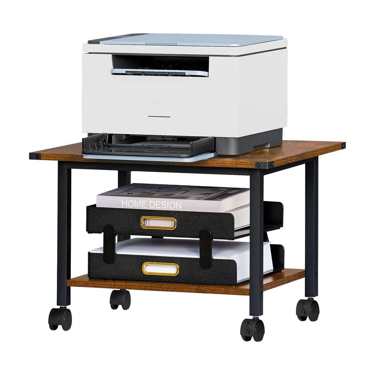 Lerliuo 3-Tier Printer Stand, Industrial Mobile Printer Table with Storage Shelf and Steel Frame, Rolling Printer Cart Holder with Lockable Wheels for Home, Office (White)