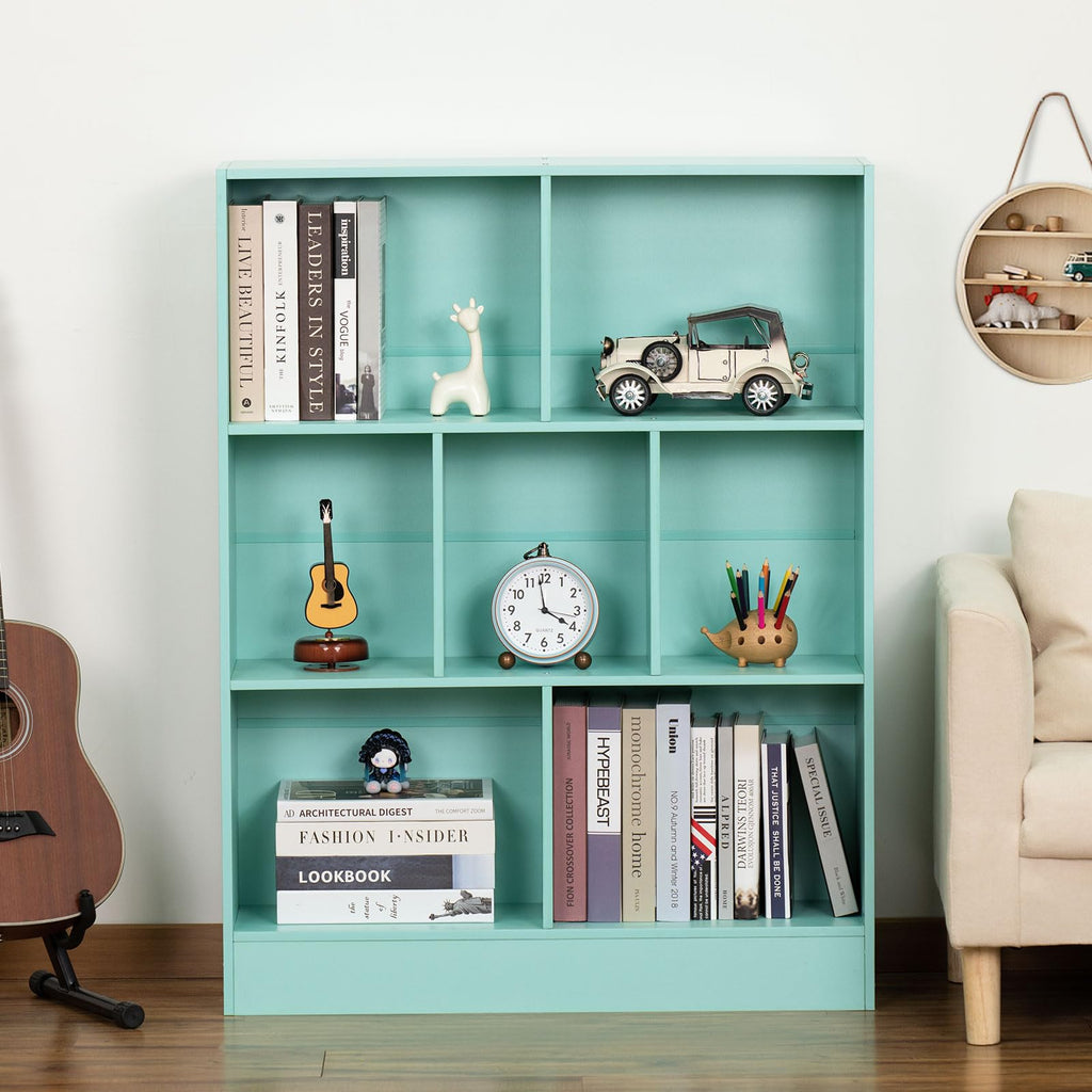 LEYAOYAO 7 Cube Bookshelf with Base,3 Tier Mid-Century Modern Blue Bookcase,Standing Wide Bookshelves Storage Organizer Shelf,Rustic Wood Display Cabinet Book Shelves for Bedroom,Living Room,Office