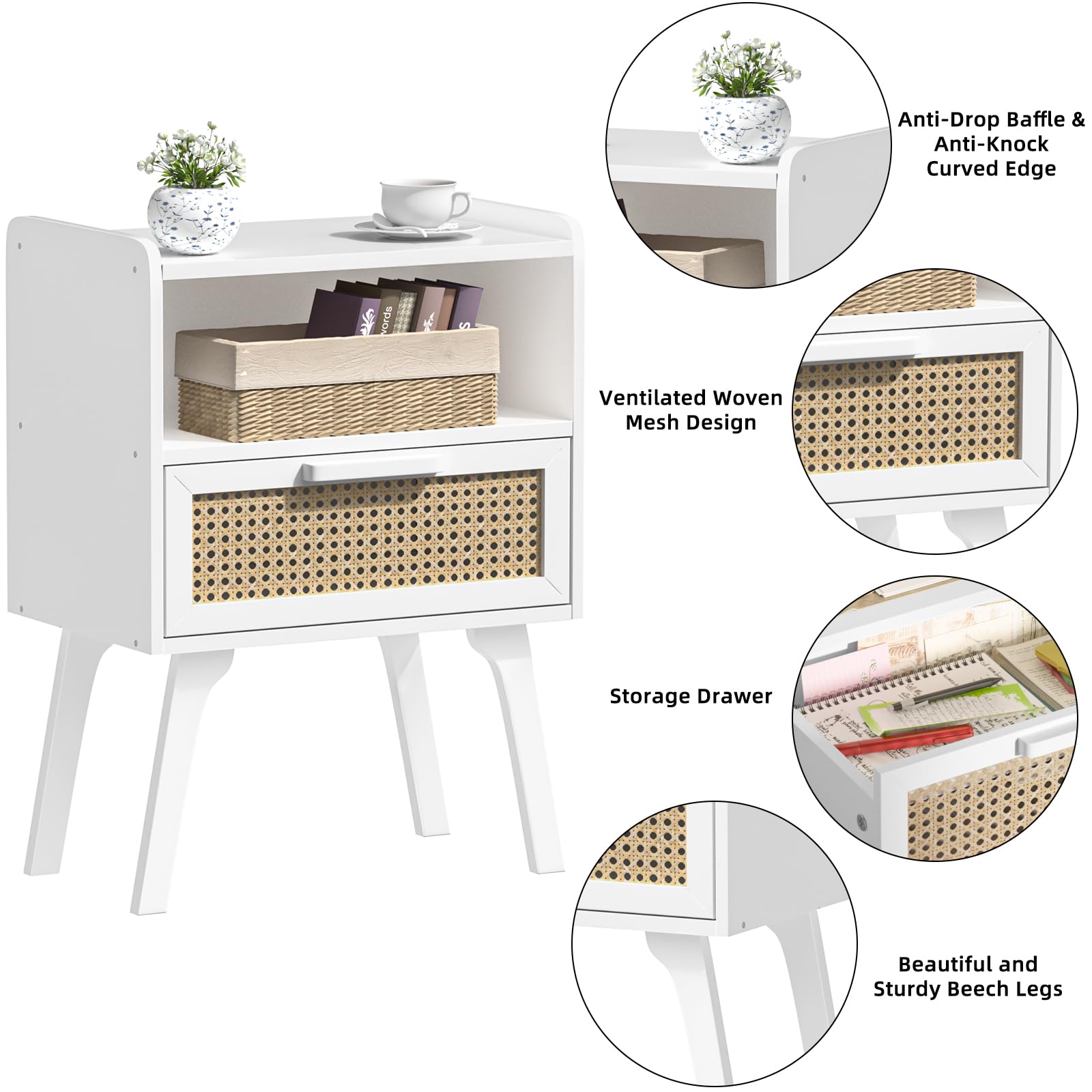 Lerliuo Rattan Nightstand, Boho Side Table with Drawer Open Shelf