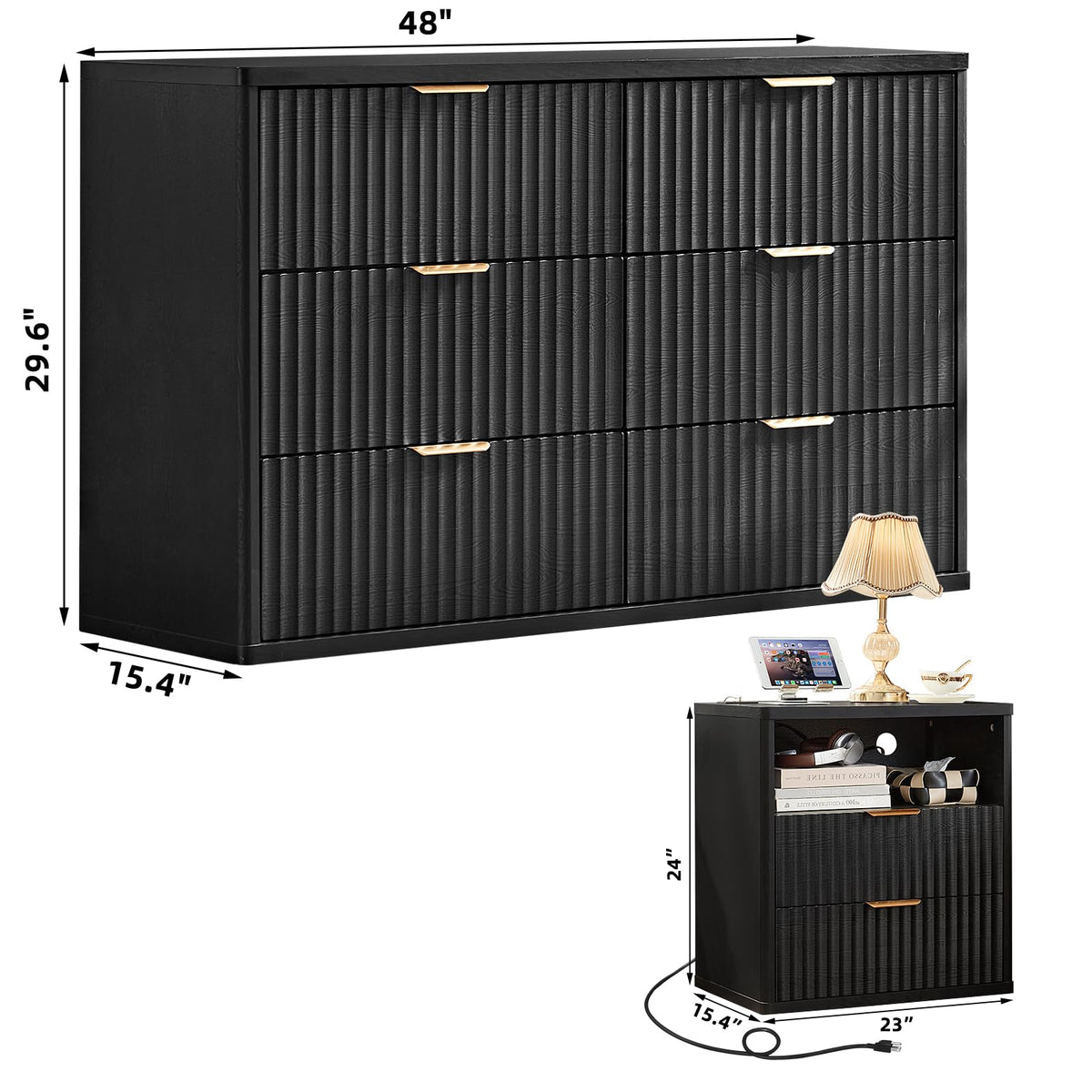 LEYAOYAO Fluted Dresser and 2 Drawers Nightstand Set of 2, Wood 48" Wide Dresser & 23" Night Stand with Charging Station, 3 Piece Bedroom Furniture Set, Chest of Drawers for Living Room,Antique White