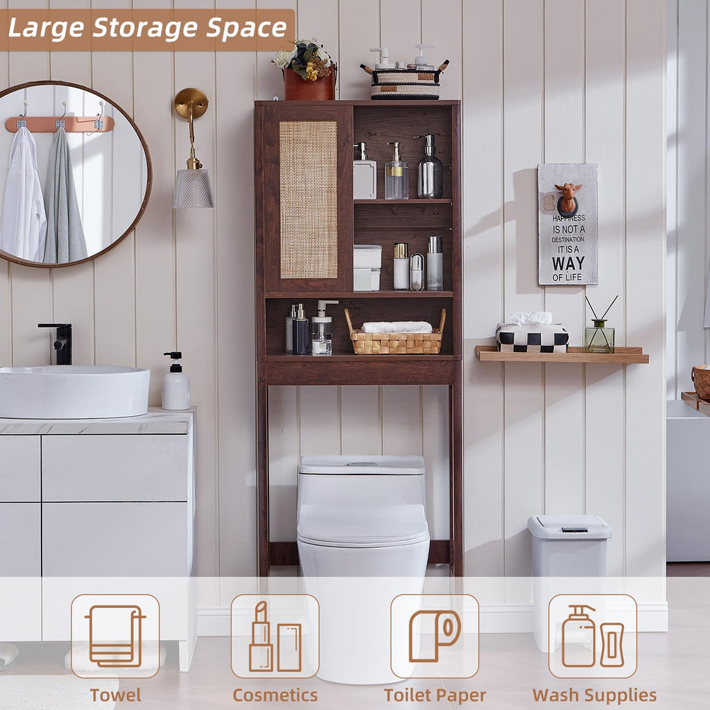 LEYAOYAO 68" Boho Over the Toilet Storage Cabinet with Rattan Sliding Door