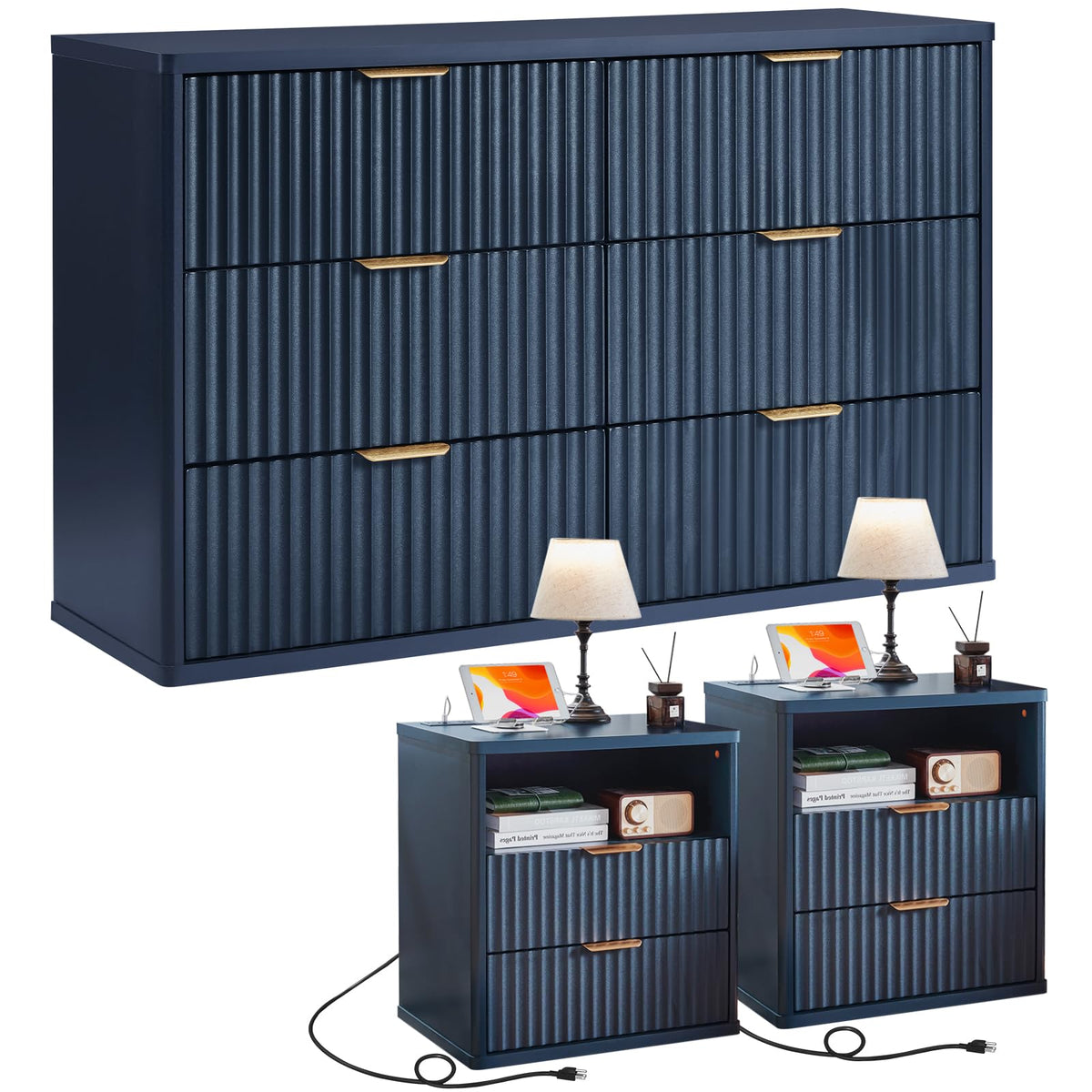 LEYAOYAO Fluted Dressers & Nightstand Set of 4, Wood 48" Wide Dresser & 42" Tall Chest of Drawers,Modern Bedroom Furniture Sets, Black Wooden Nightstand Set of 2 with 2 Drawers & Charging Station