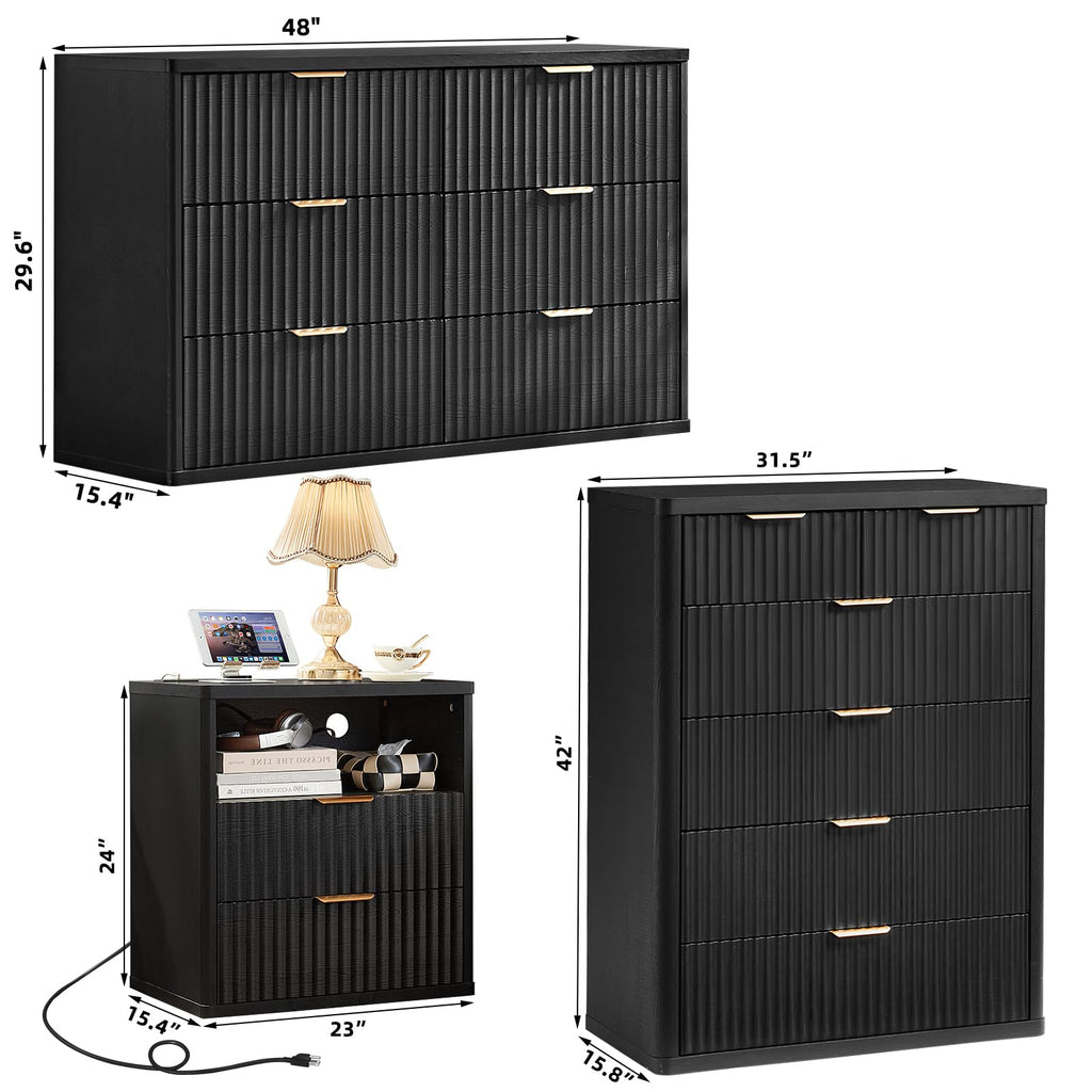 LEYAOYAO Fluted Dressers & Nightstand Set of 4, Wood 48" Wide Dresser & 42" Tall Chest of Drawers,Modern Bedroom Furniture Sets, Black Wooden Nightstand Set of 2 with 2 Drawers & Charging Station