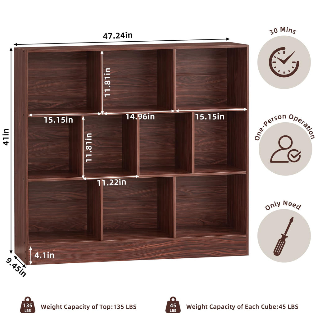 LEYAOYAO 7 Cube Bookshelf with Base,3 Tier Mid-Century Modern Blue Bookcase,Standing Wide Bookshelves Storage Organizer Shelf,Rustic Wood Display Cabinet Book Shelves for Bedroom,Living Room,Office