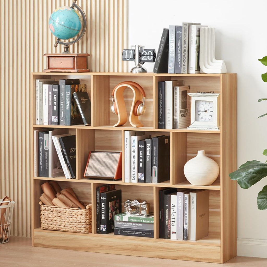 LEYAOYAO 7 Cube Bookshelf with Base,3 Tier Mid-Century Modern Blue Bookcase,Standing Wide Bookshelves Storage Organizer Shelf,Rustic Wood Display Cabinet Book Shelves for Bedroom,Living Room,Office