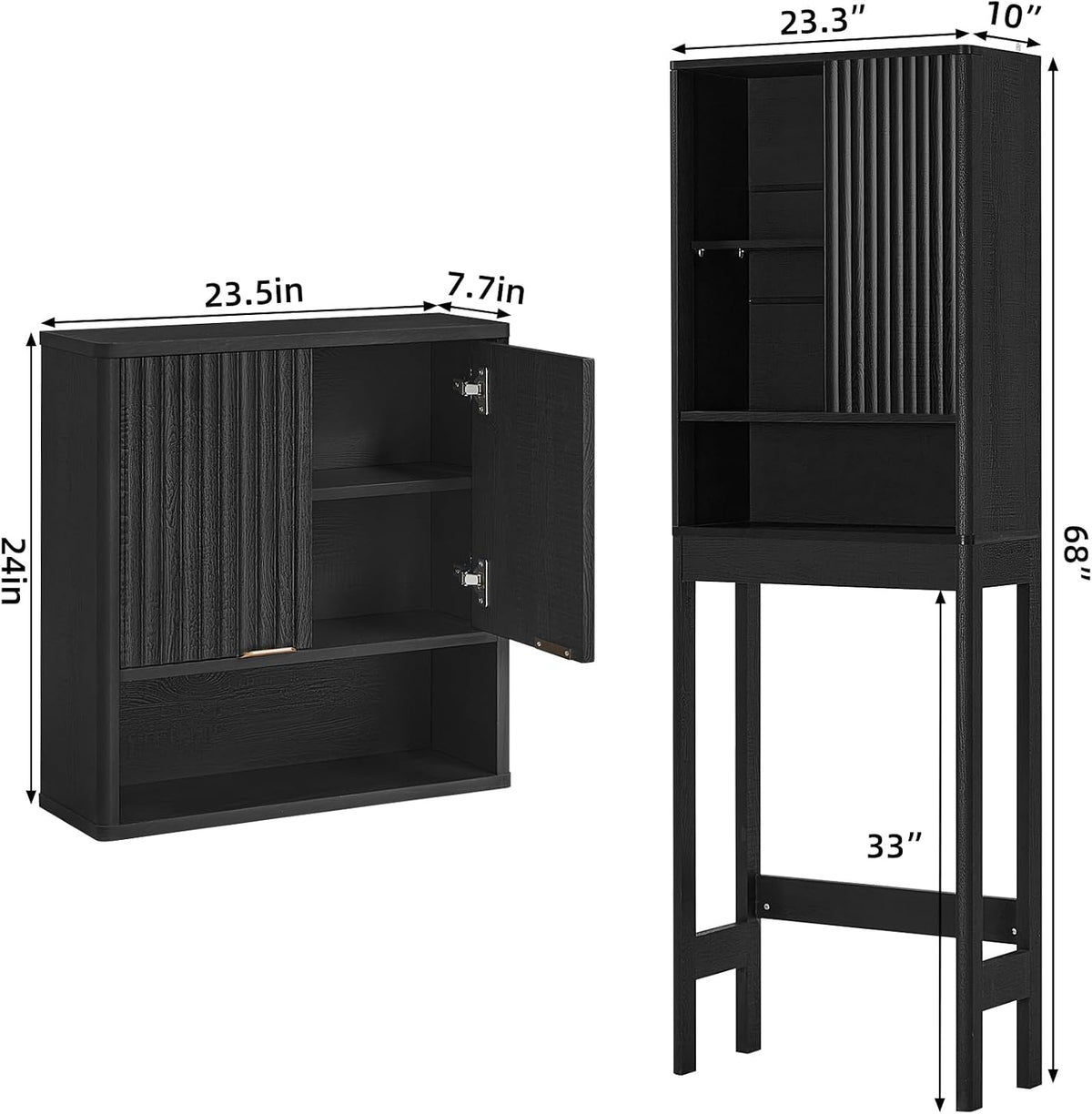 LEYAOYAO Fluted Over The Toilet Storage Cabinet & Bathroom Wall Cabinet Set of 2, Farmhouse Above Toilet Organizer, Medicine Cabinet w/Adjustable Shelf & Doors for Laundry Living Room Kitchen(Black)