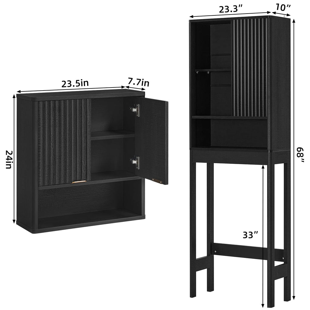 LEYAOYAO Fluted Over The Toilet Storage Cabinet & Bathroom Wall Cabinet Set of 2, Farmhouse Above Toilet Organizer, Medicine Cabinet w/Adjustable Shelf & Doors for Laundry Living Room Kitchen(Black)