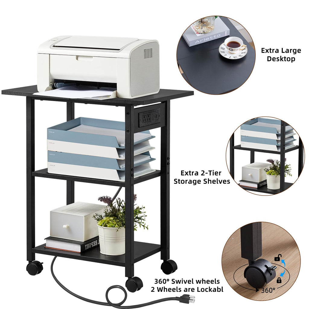 Lerliuo 3-Tier Printer Stand, Industrial Mobile Printer Table with Storage Shelf and Steel Frame, Rolling Printer Cart Holder with Lockable Wheels for Home, Office (White)