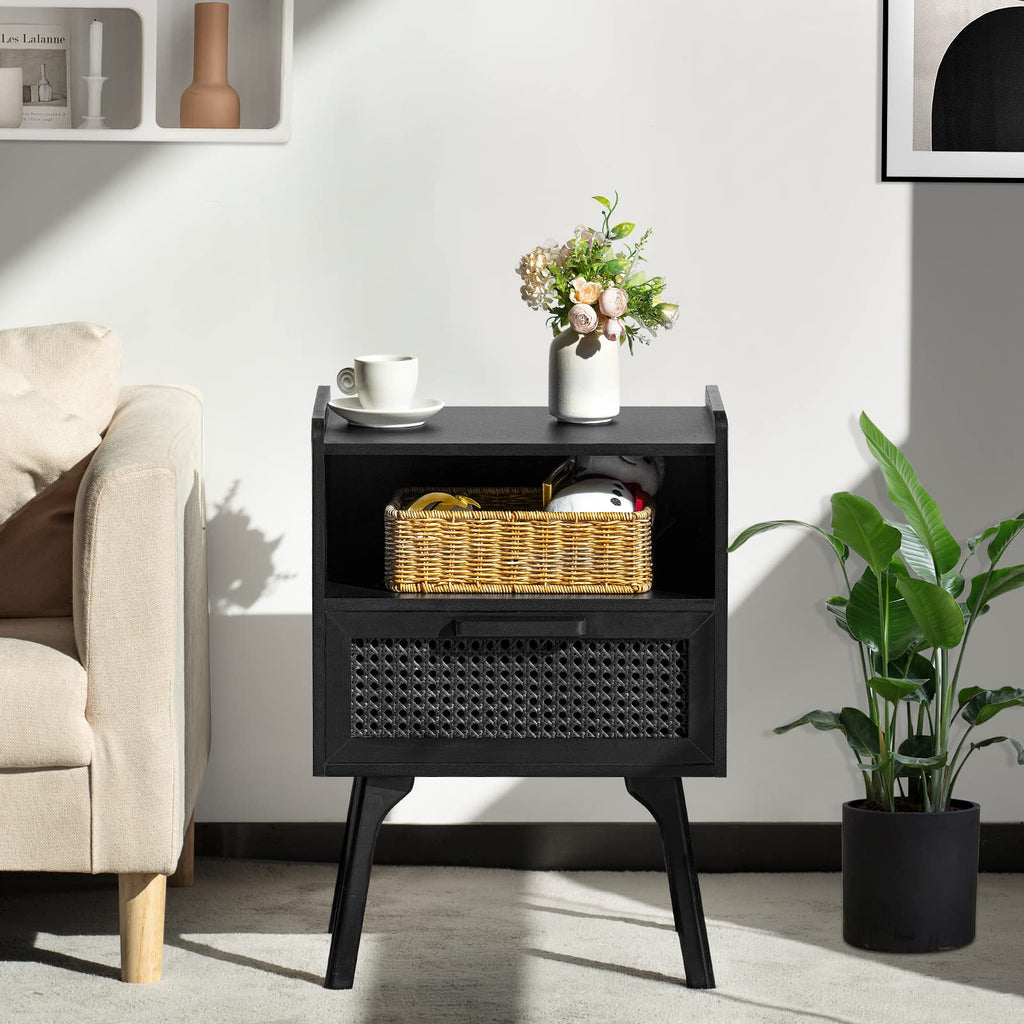 Lerliuo Rattan Nightstand, Boho Side Table with Drawer Open Shelf
