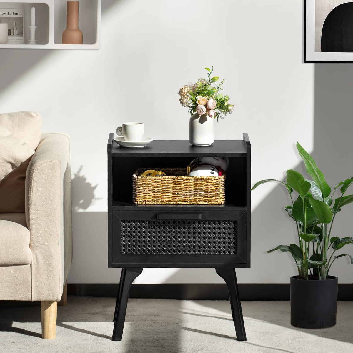 Lerliuo Rattan Nightstand, Boho Side Table with Drawer Open Shelf