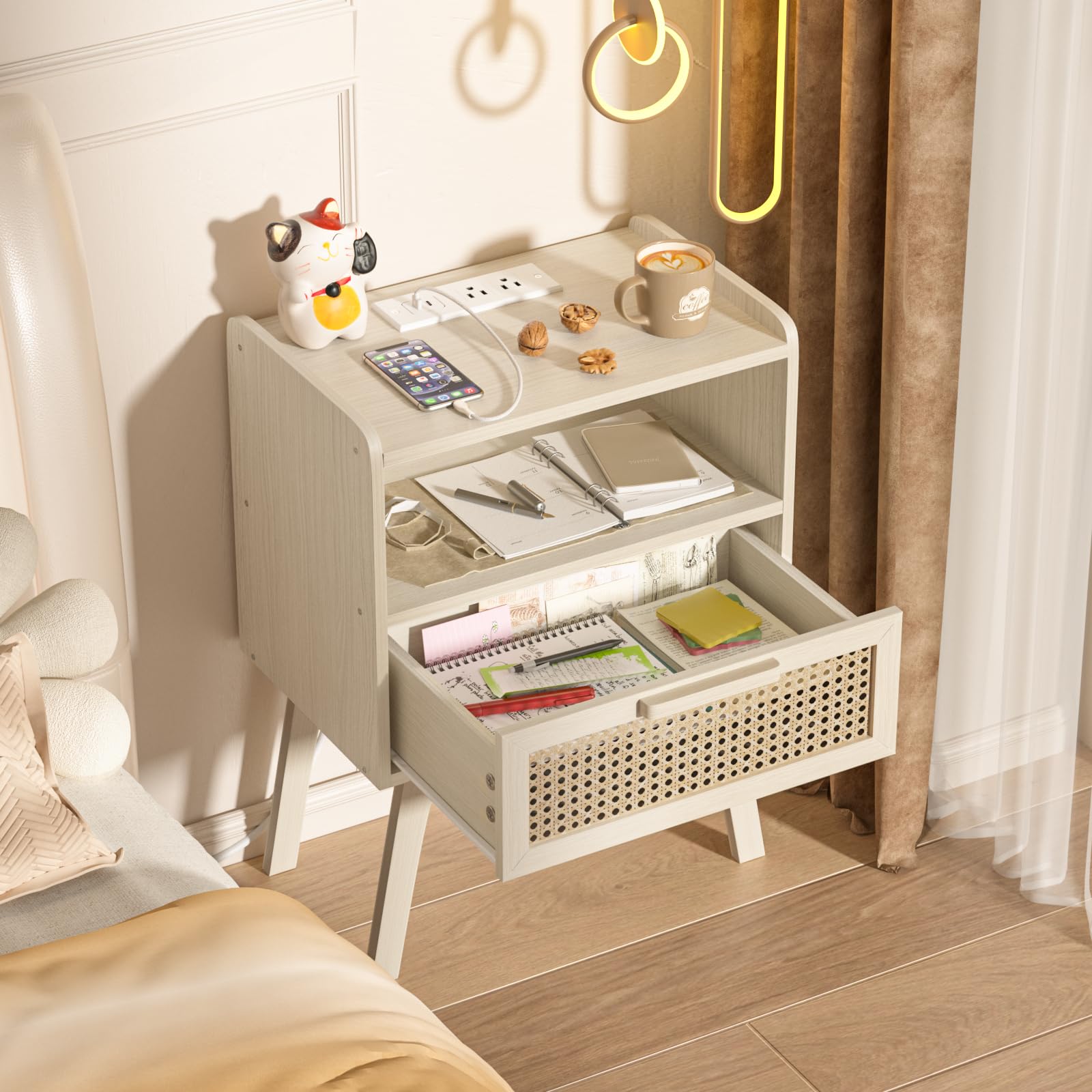 Lerliuo Rattan Nightstand with Charging Station, Boho Night Stand