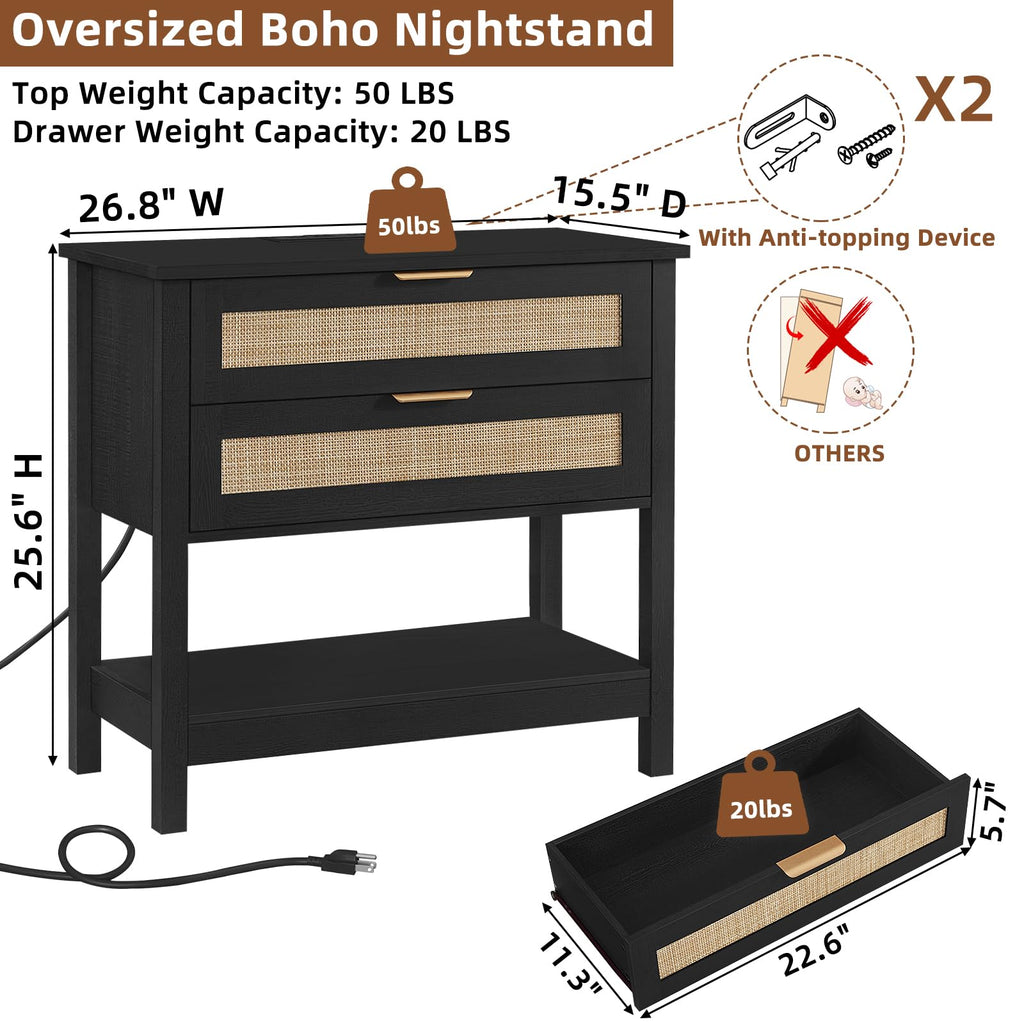 LEYAOYAO 26.8" Wide Rattan Nightstands Set of 2, Large Boho Night Stand