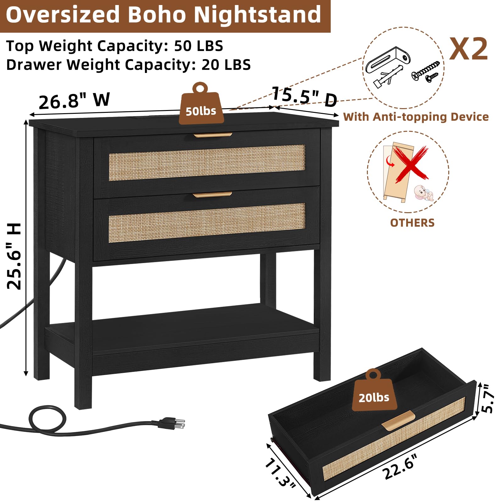 LEYAOYAO 26.8" Wide Rattan Nightstands Set of 2, Large Boho Night Stand
