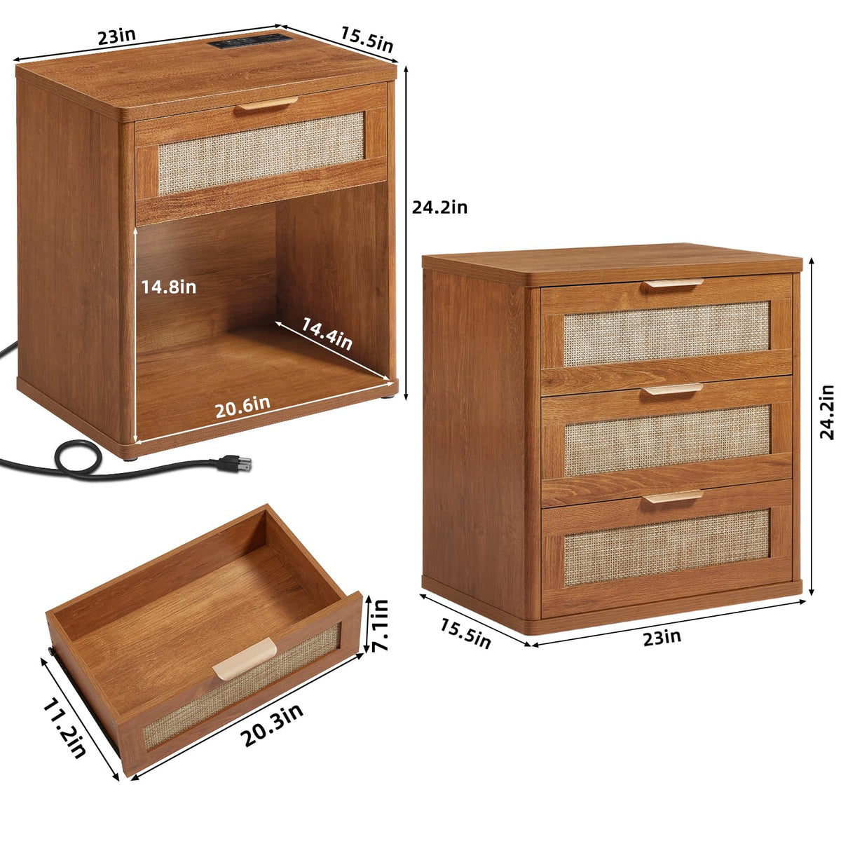 LEYAOYAO Rattan Nightstand Set of 2 with Charging Station, 1 & 2 Drawers Boho Night Stand Dresser for Bedroom, Natural Wood Bedside Table Open Storage Cabinet, Bed Side End Tables, Living Room,Hallway