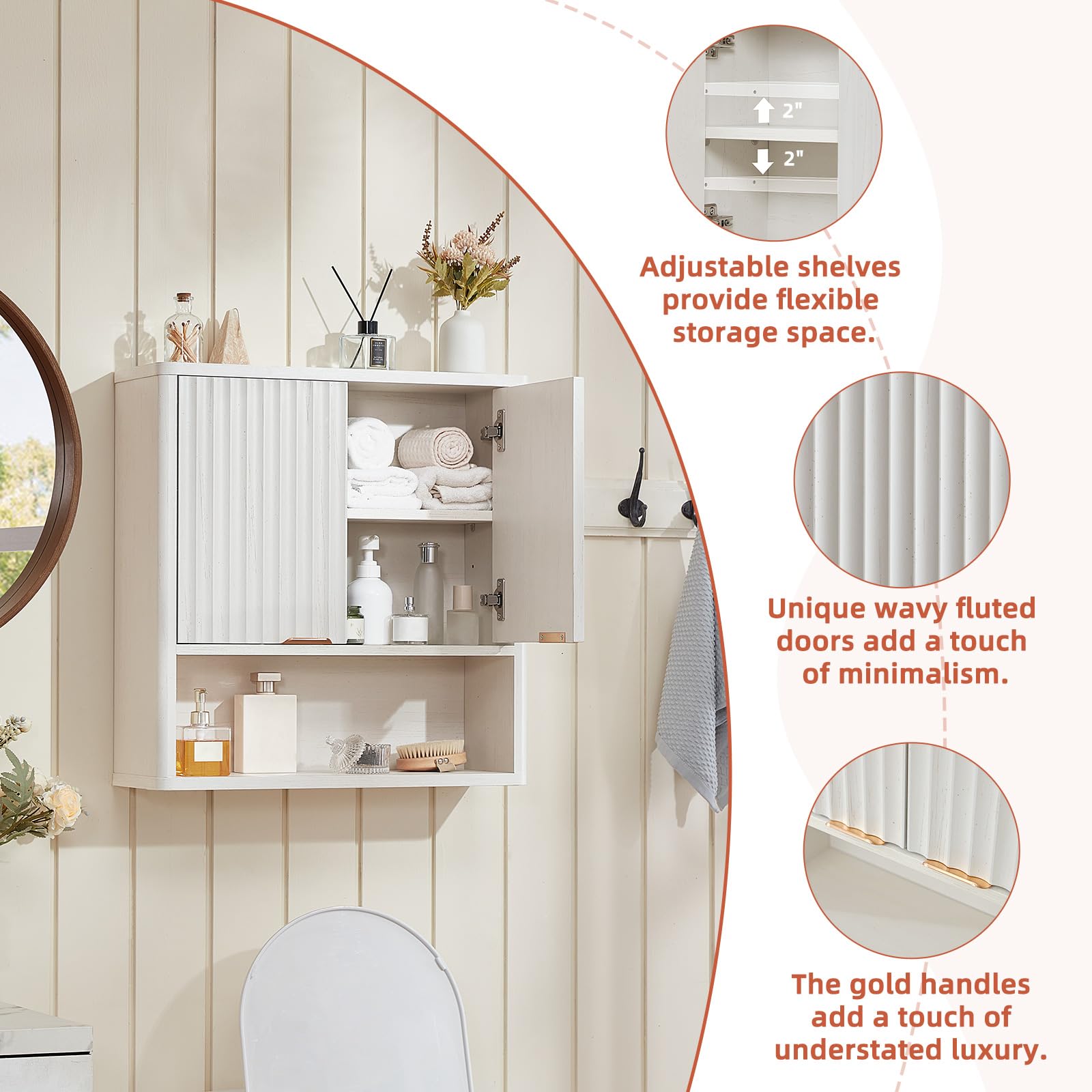 LEYAOYAO Fluted Over The Toilet Storage Cabinet & Bathroom Wall Cabinet Set of 2, Farmhouse Above Toilet Organizer, Medicine Cabinet w/Adjustable Shelf & Doors for Laundry Living Room Kitchen(Black)