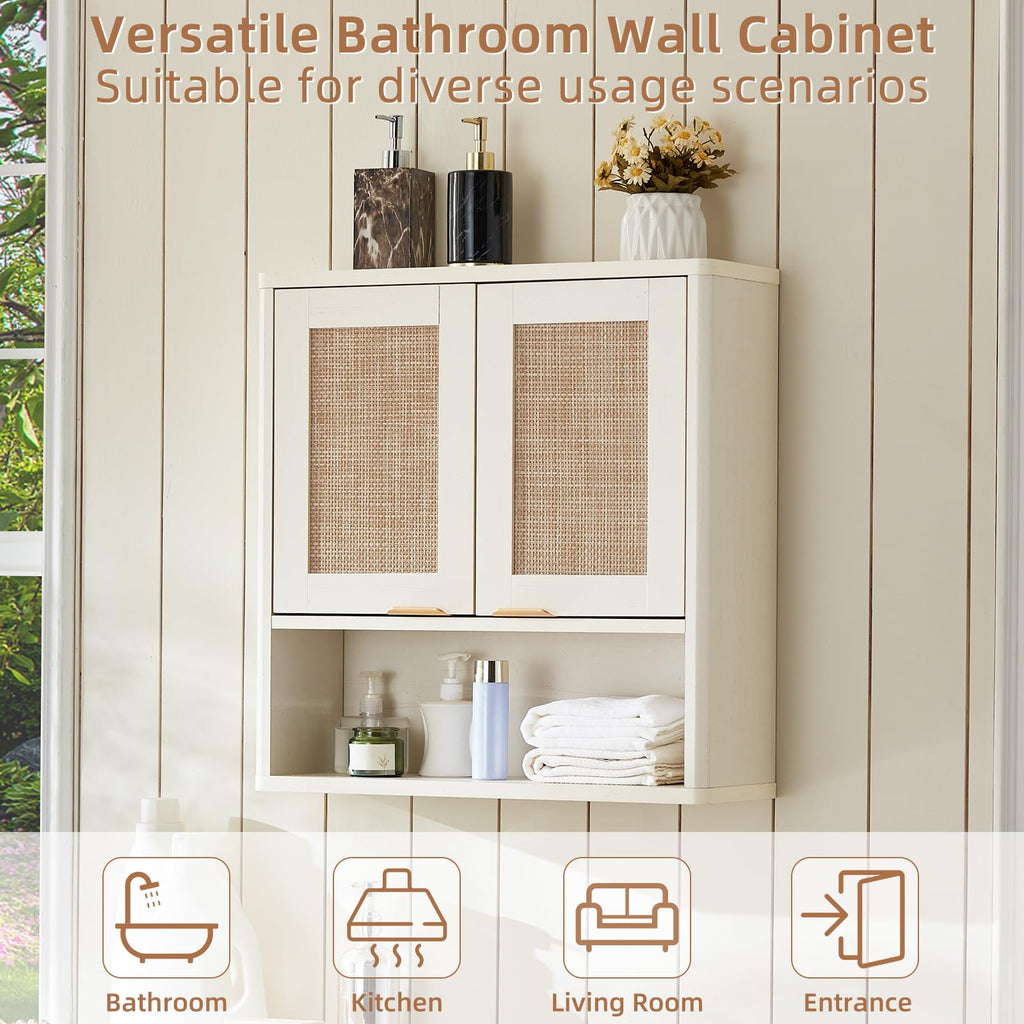 LEYAOYAO 68" Boho Over the Toilet Storage Cabinet with Rattan Sliding Door
