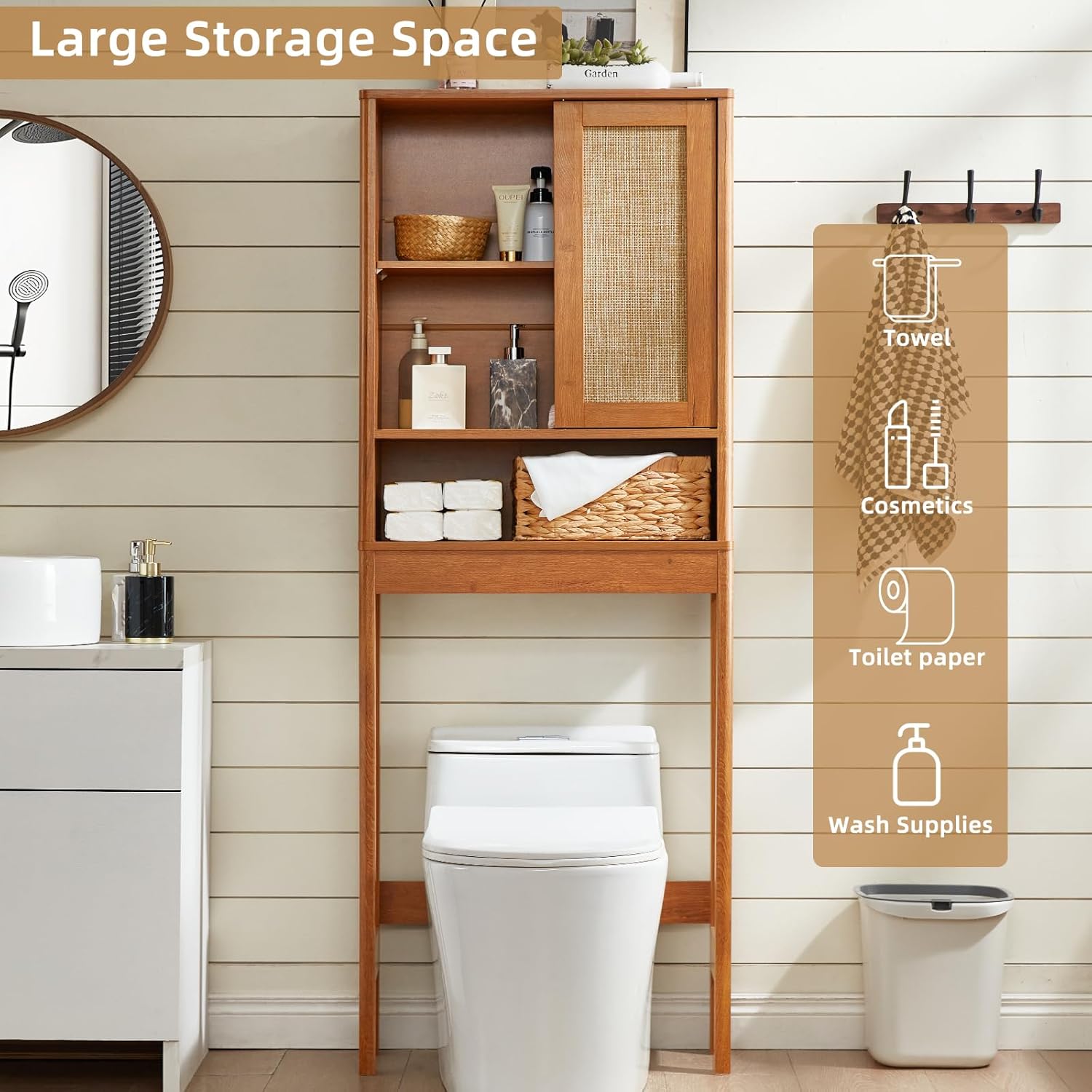 LEYAOYAO 68" Boho Over the Toilet Storage Cabinet with Rattan Sliding Door