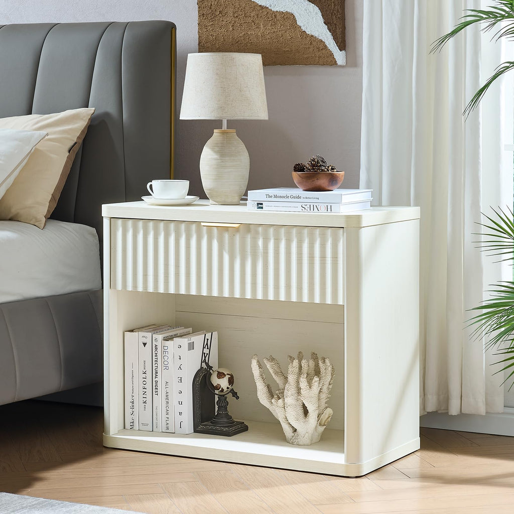 LEYAOYAO 31" Wide Fluted Nightstand with Charging Station, Oversized Extra Large 1 Drawer Night Stand with Golden Handle, Antique White Bedside Table Tall End Tables,for Bedroom, Living Room, Hallway