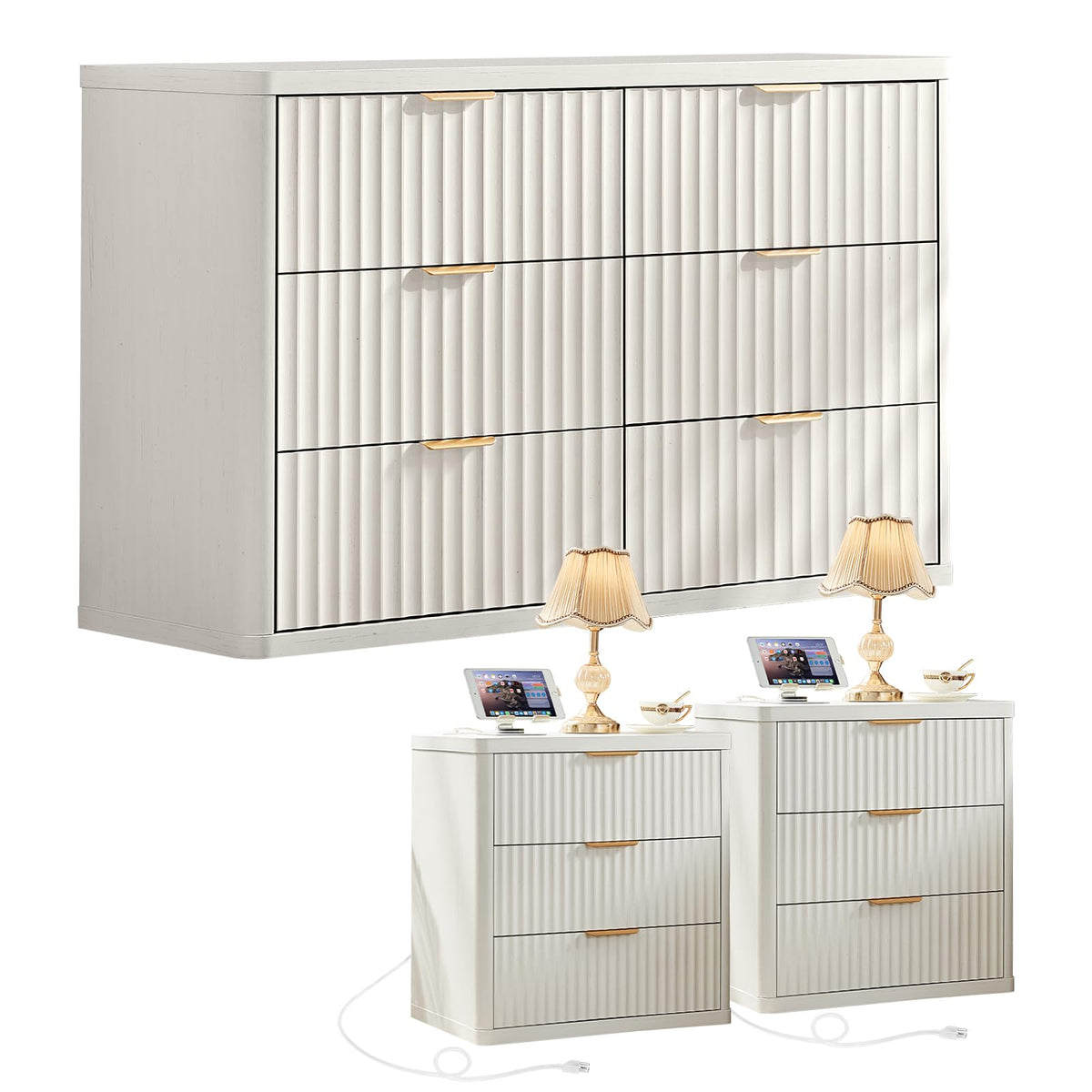 LEYAOYAO Fluted Dresser and Nightstand Sets, Wood 48" Wide Dresser & 23" Night Stand with Charging Station, 2 Piece Bedroom Furniture Set, Chest of Drawers for Bedroom,Living Room, Antique White