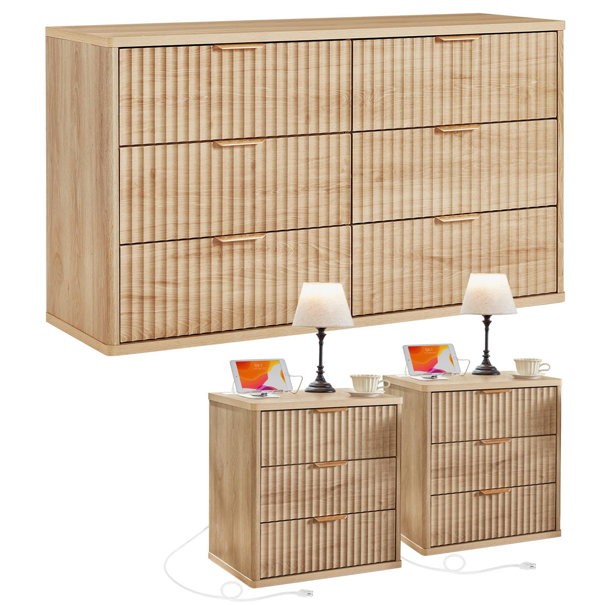 LEYAOYAO Fluted Dressers & Nightstand Set of 4, Wood 48" Wide Dresser & 42" Tall Chest of Drawers,Modern Bedroom Furniture Sets, Natural Wooden Nightstand Set of 2 with 3 Drawers & Charging Station